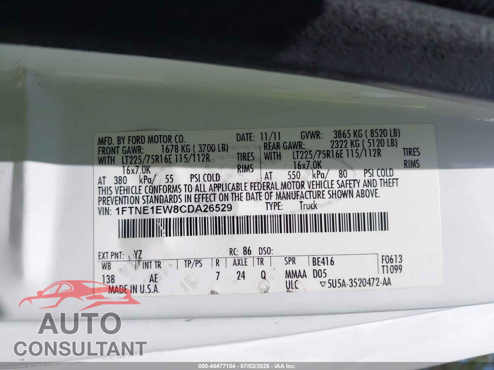 FORD E-150 2012 - 1FTNE1EW8CDA26529