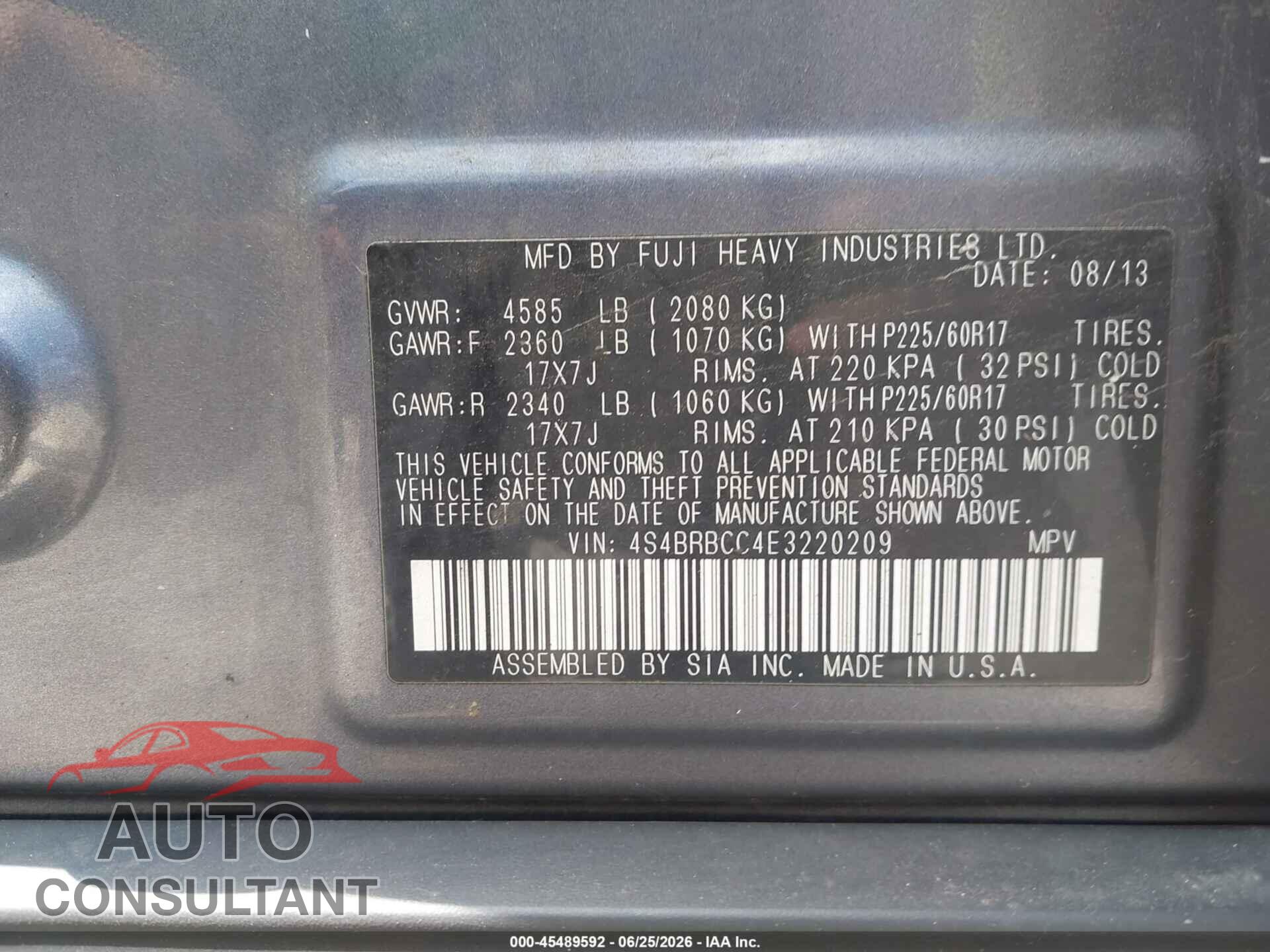 SUBARU OUTBACK 2014 - 4S4BRBCC4E3220209