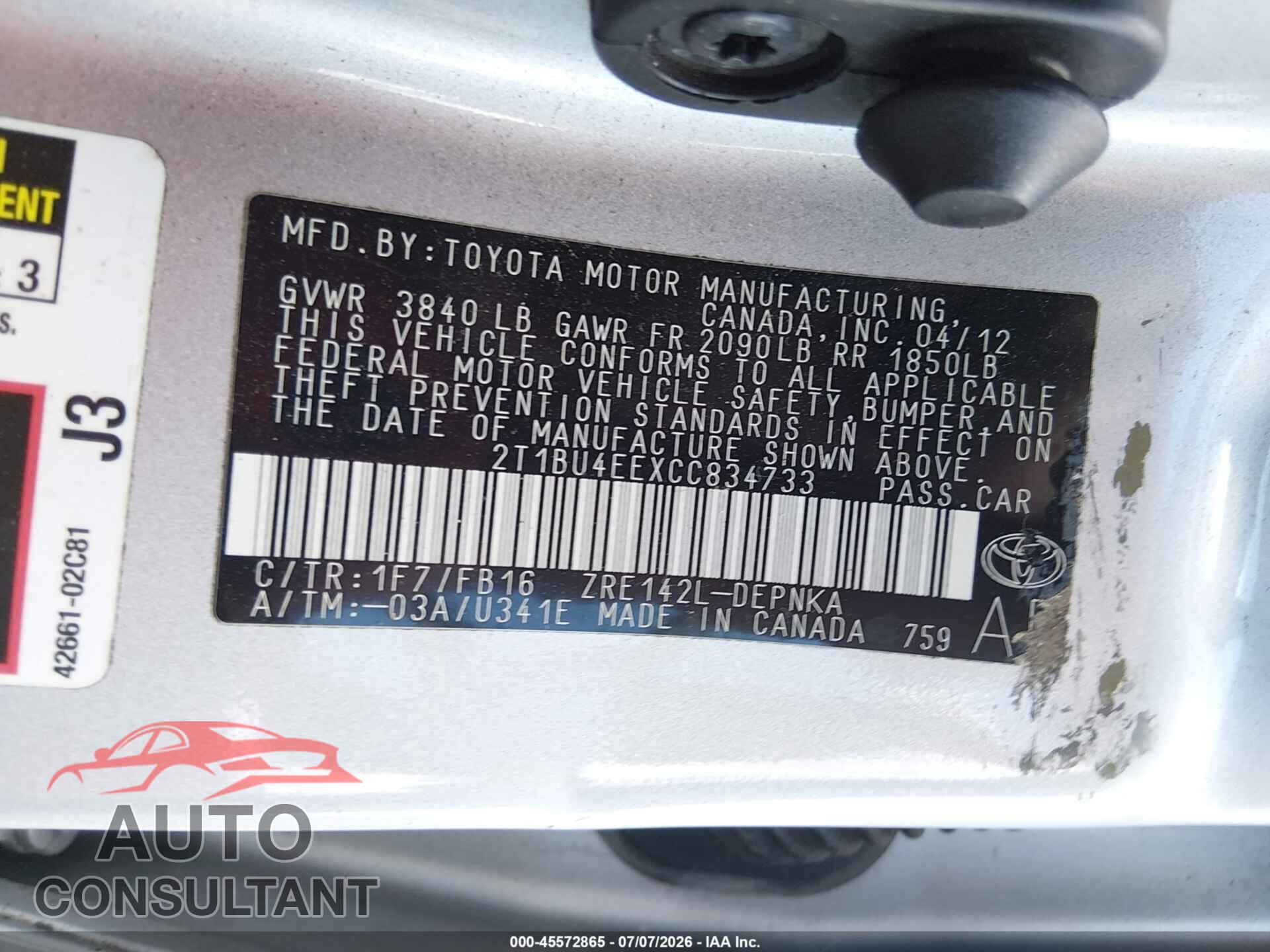 TOYOTA COROLLA 2012 - 2T1BU4EEXCC834733