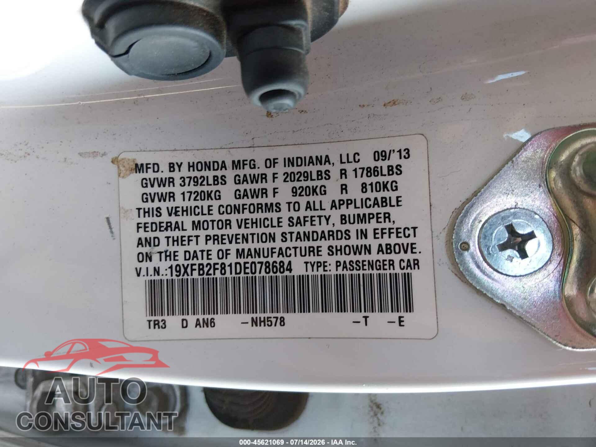 HONDA CIVIC 2013 - 19XFB2F81DE078684
