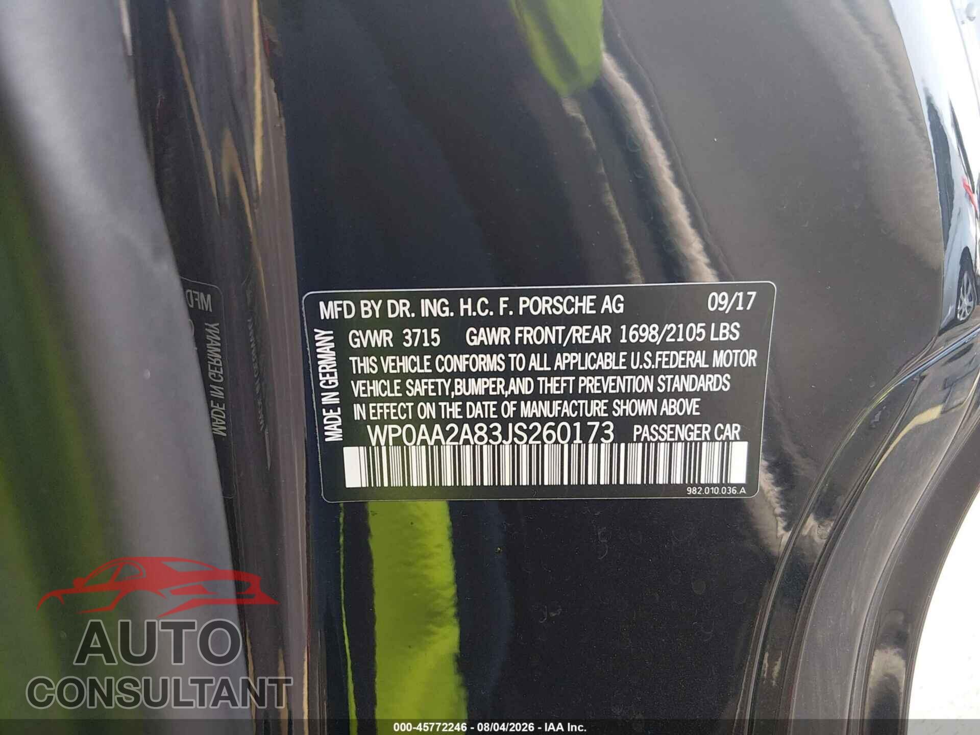 PORSCHE 718 CAYMAN 2018 - WP0AA2A83JS260173