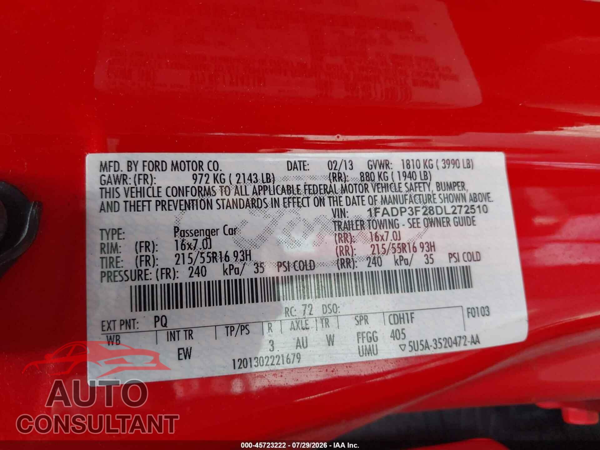 FORD FOCUS 2013 - 1FADP3F28DL272510