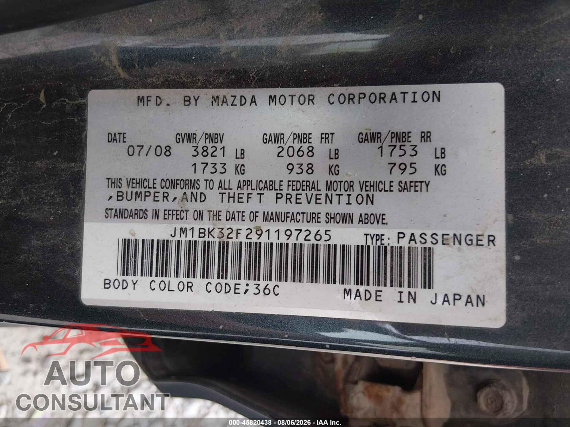 MAZDA MAZDA3 2009 - JM1BK32F291197265