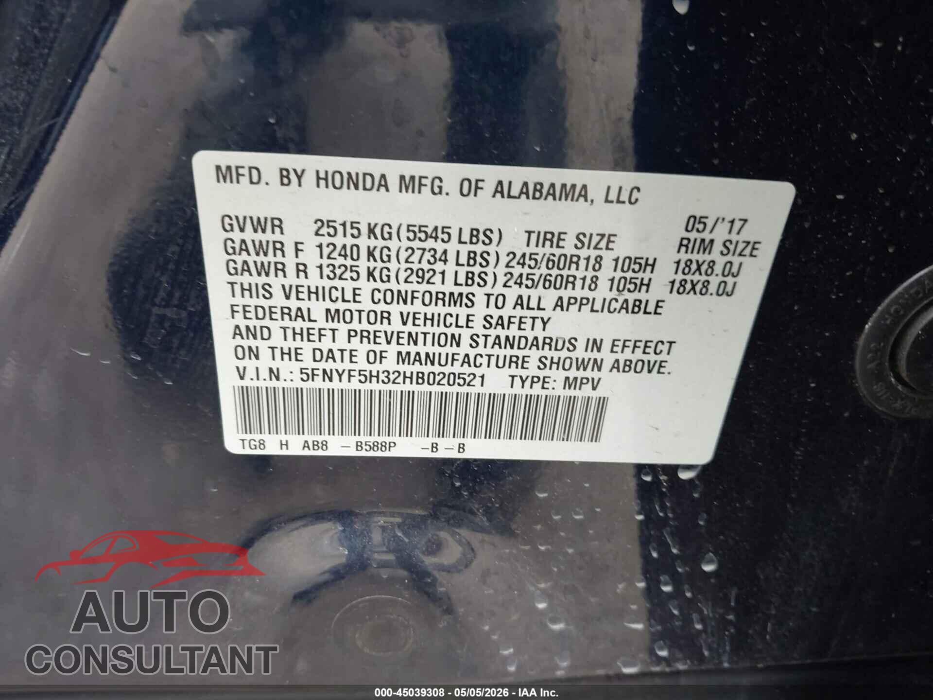 HONDA PILOT 2017 - 5FNYF5H32HB020521