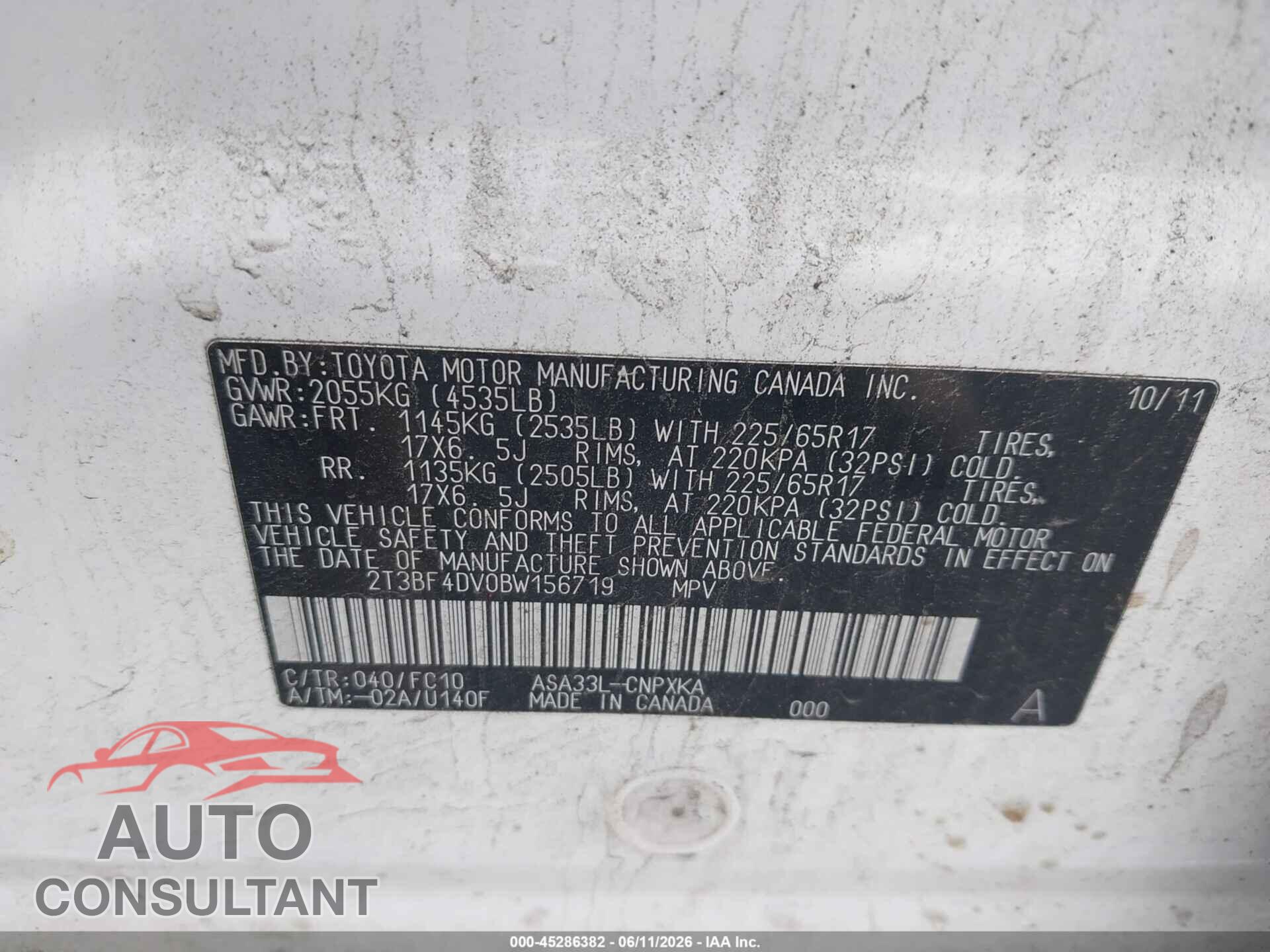 TOYOTA RAV4 2011 - 2T3BF4DV0BW156719