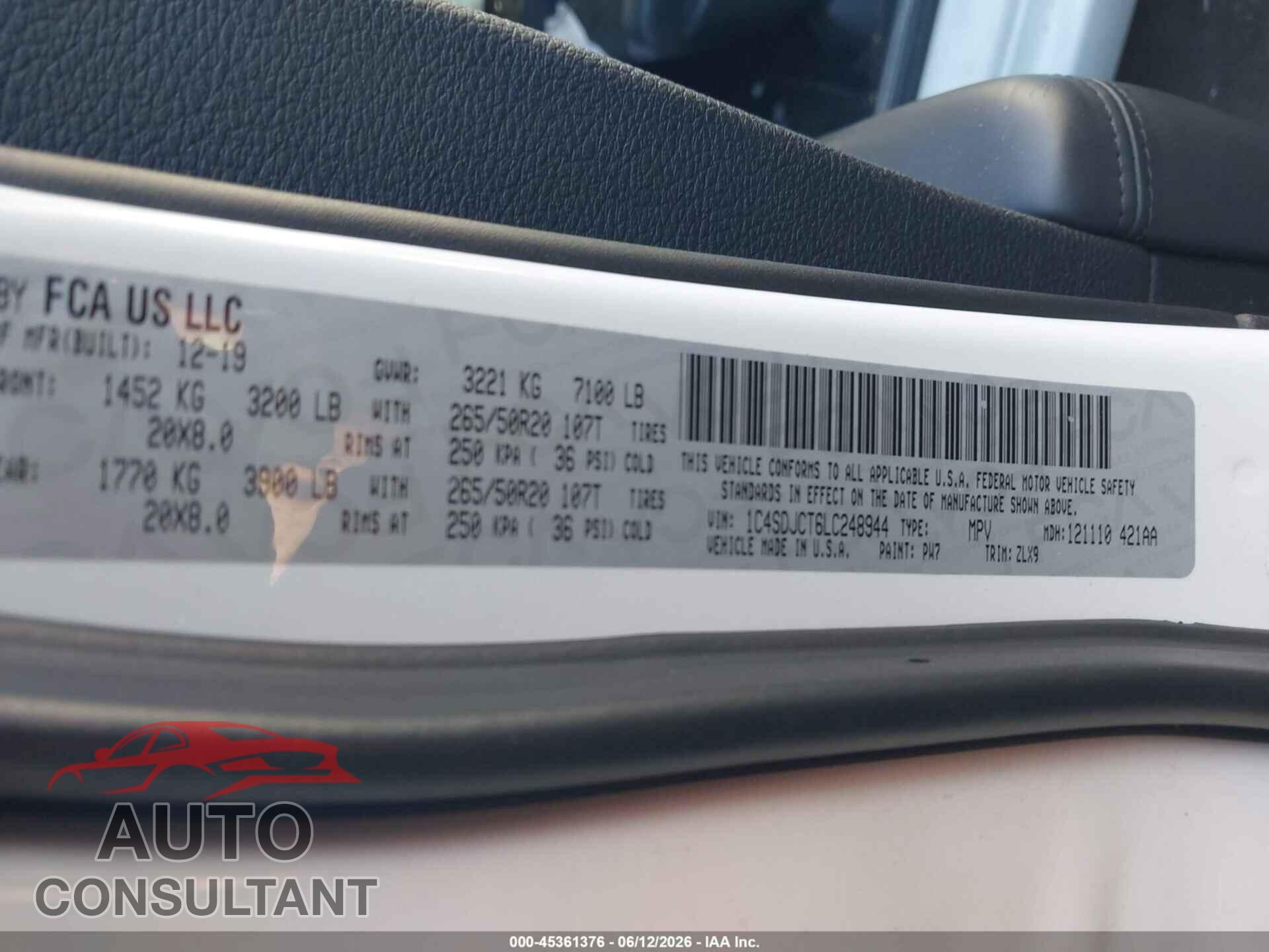 DODGE DURANGO 2020 - 1C4SDJCT6LC248944
