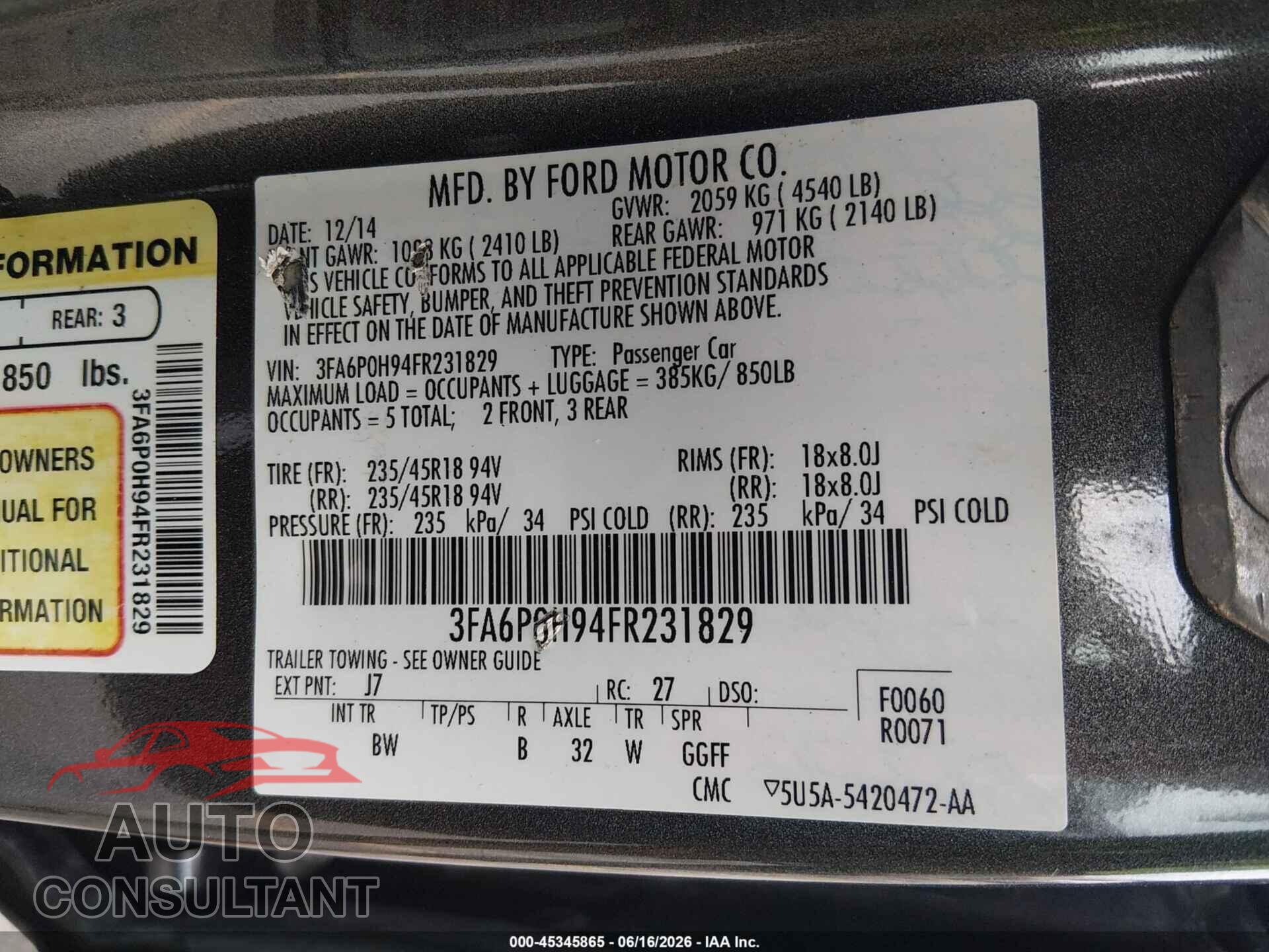 FORD FUSION 2015 - 3FA6P0H94FR231829