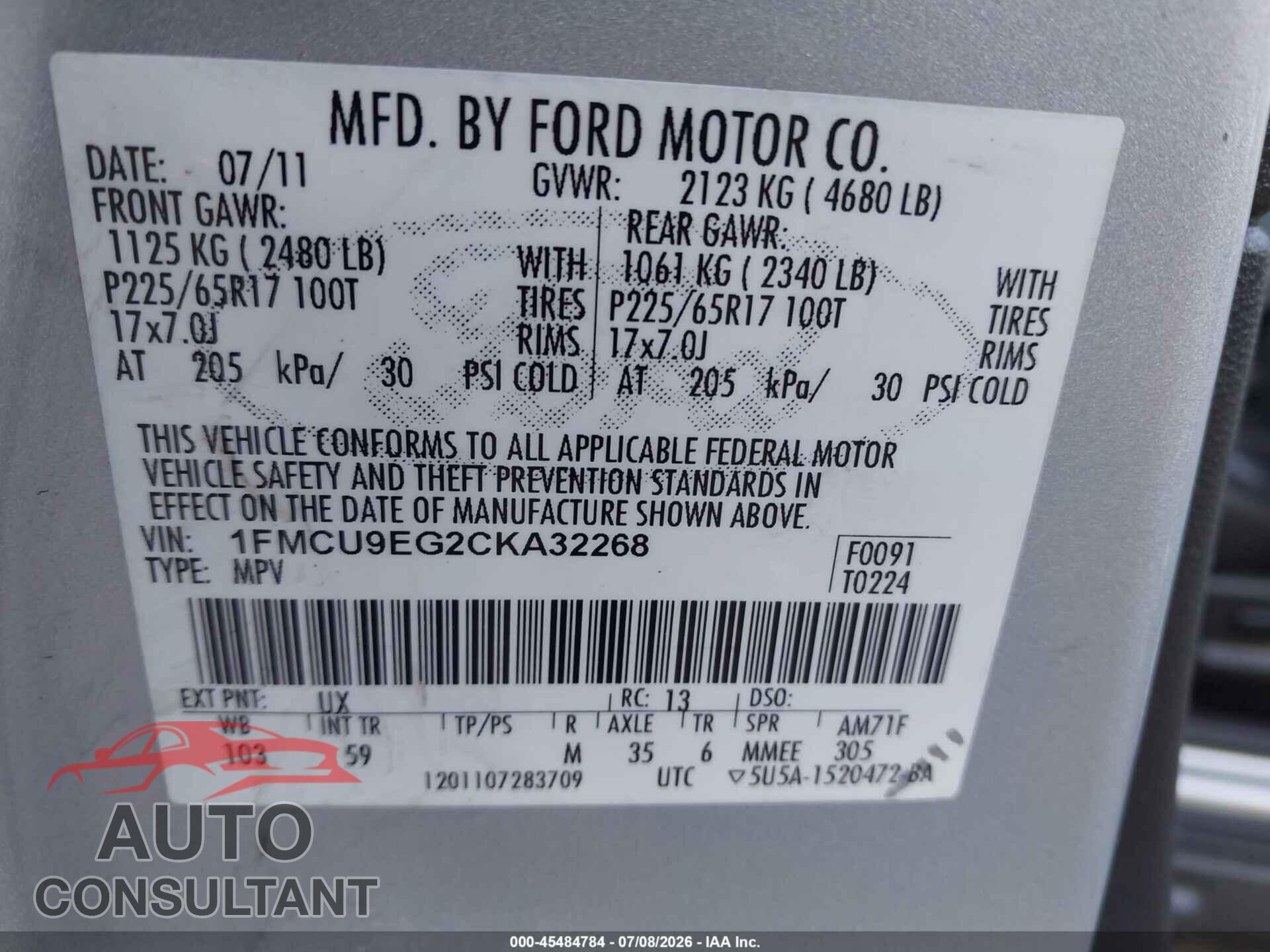 FORD ESCAPE 2012 - 1FMCU9EG2CKA32268
