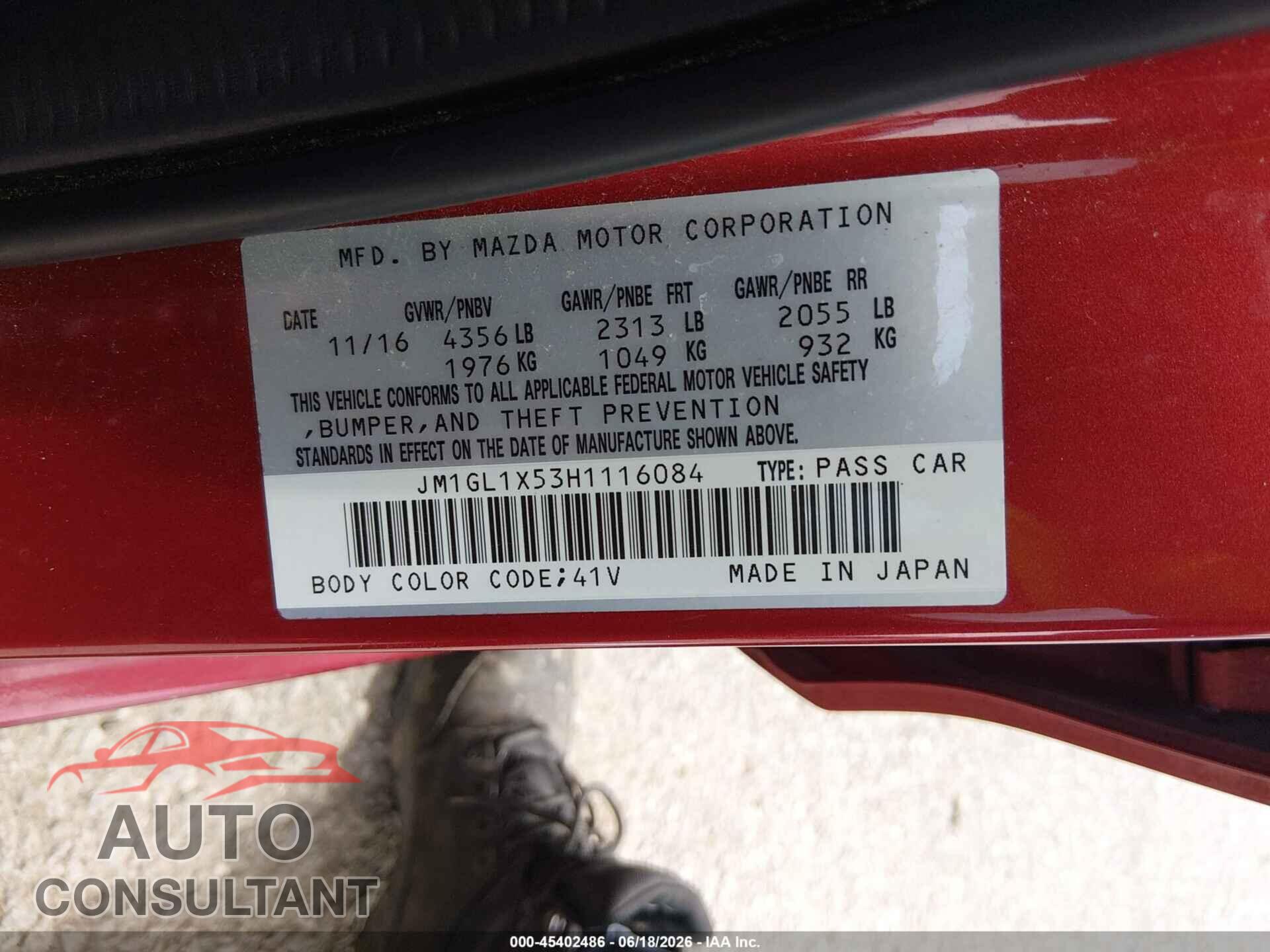 MAZDA MAZDA6 2017 - JM1GL1X53H1116084