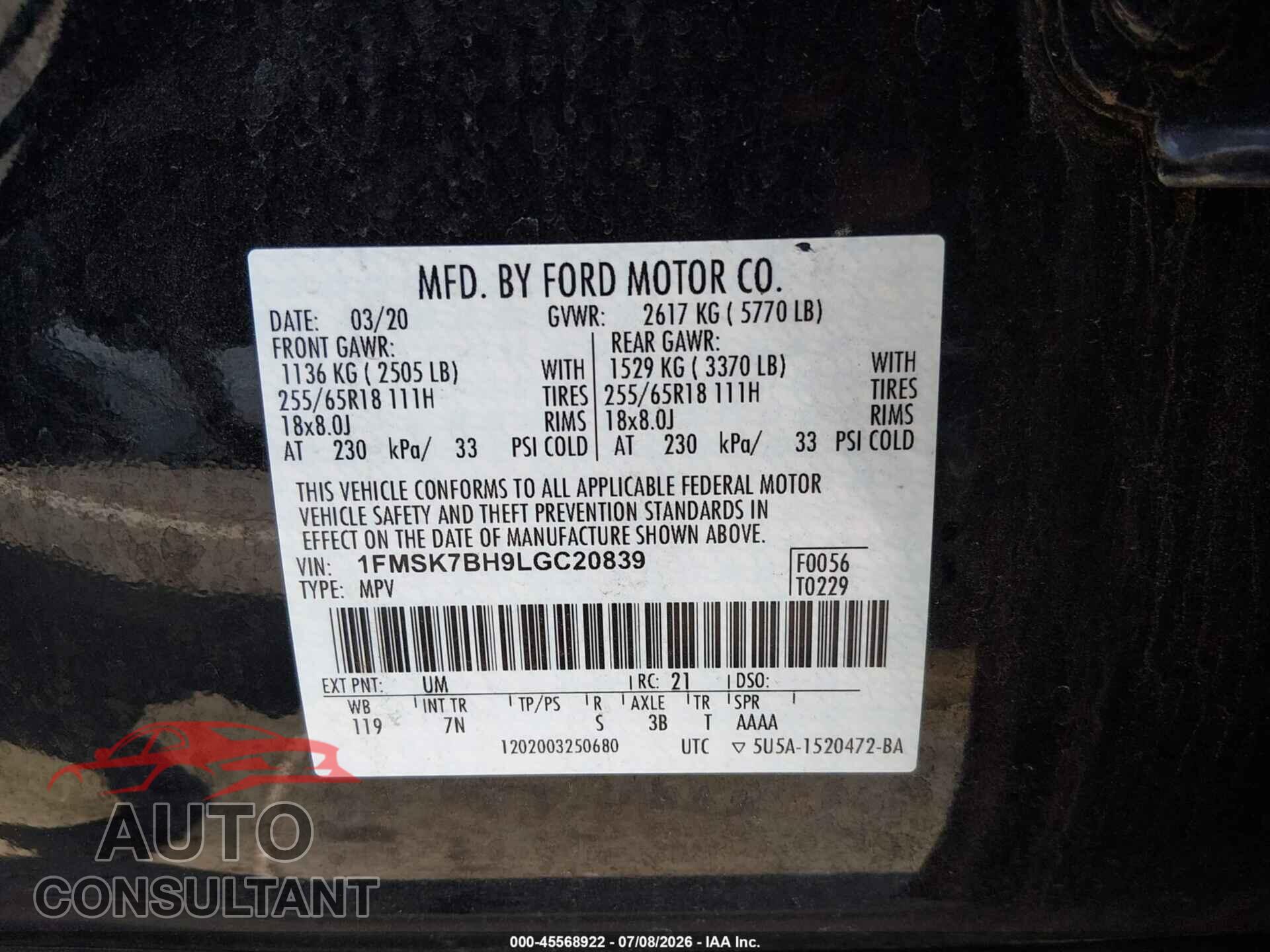 FORD EXPLORER 2020 - 1FMSK7BH9LGC20839