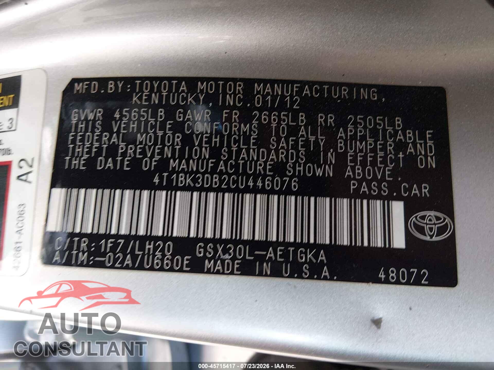 TOYOTA AVALON 2012 - 4T1BK3DB2CU446076