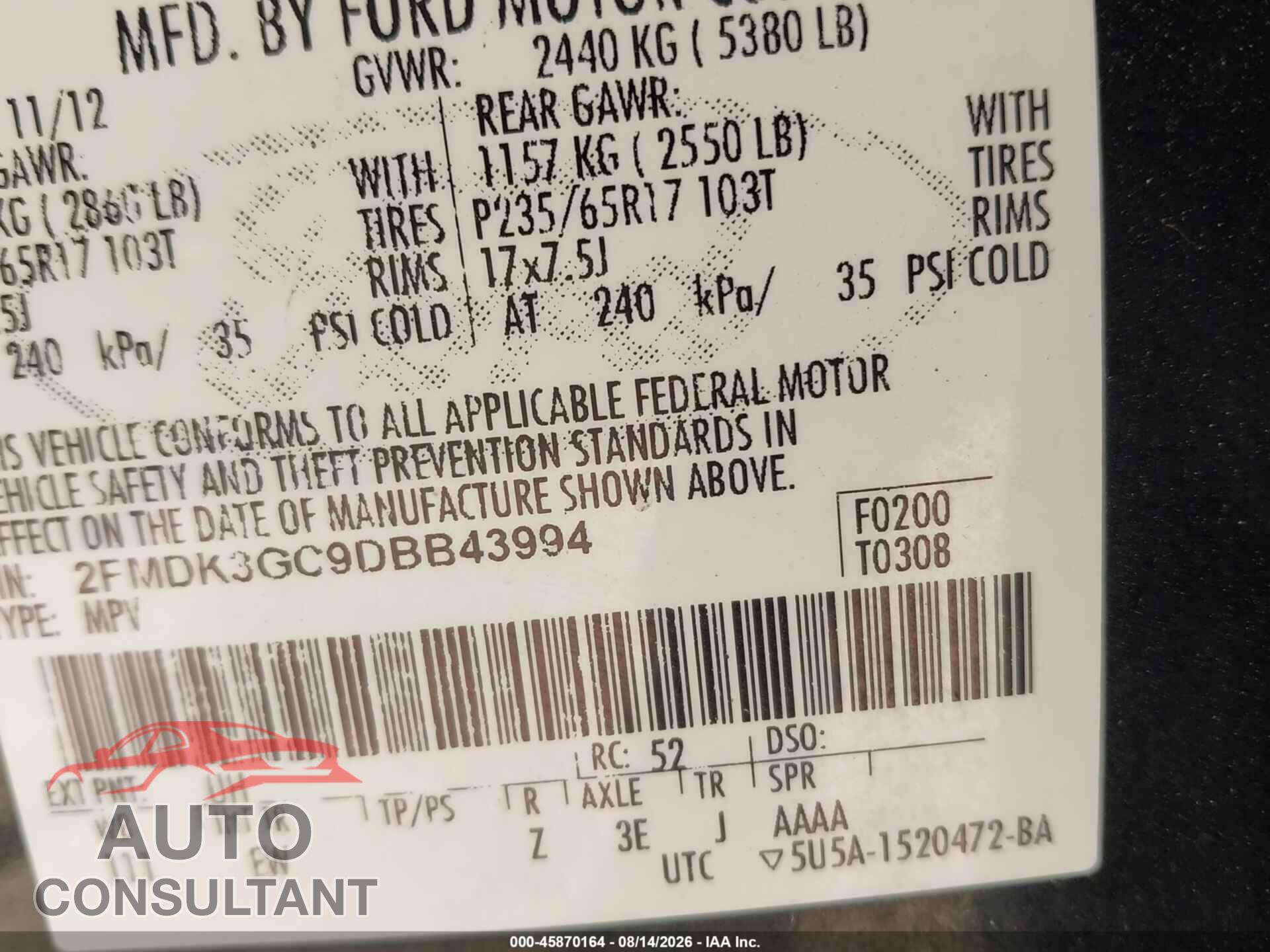 FORD EDGE 2013 - 2FMDK3GC9DBB43994