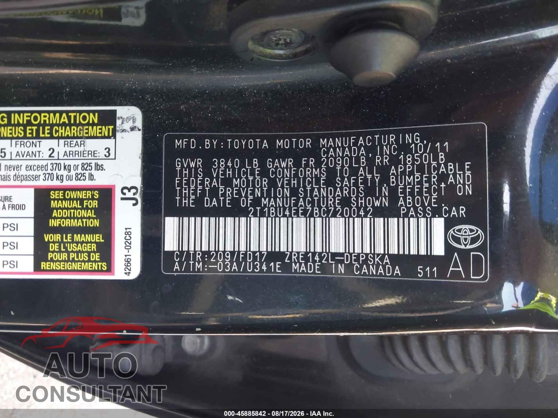 TOYOTA COROLLA 2011 - 2T1BU4EE7BC720042