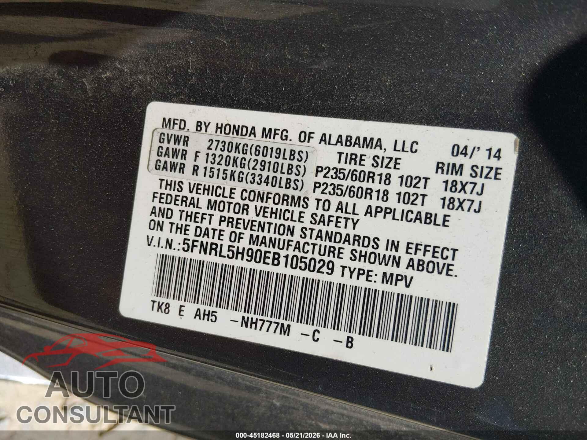 HONDA ODYSSEY 2014 - 5FNRL5H90EB105029