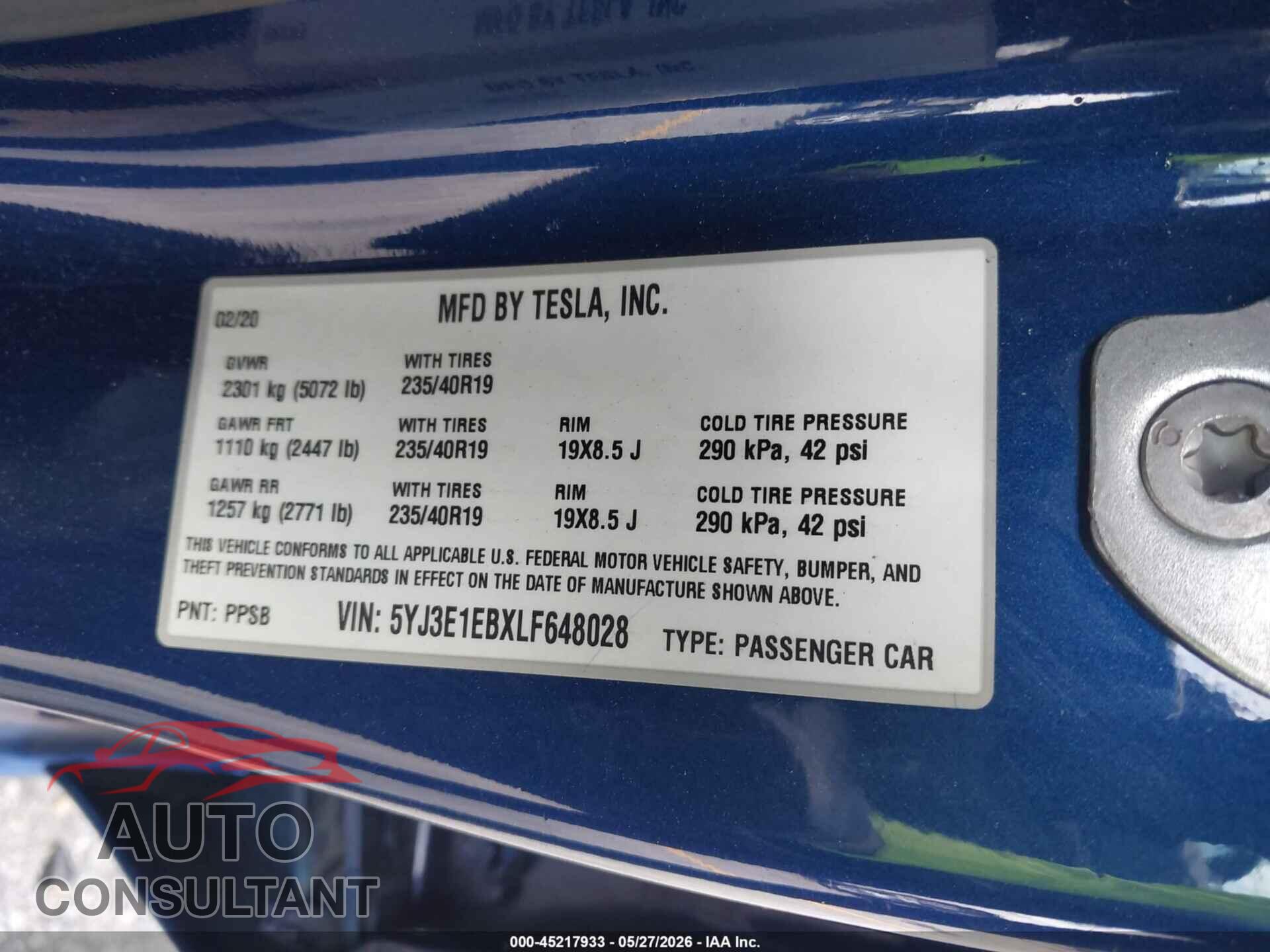 TESLA MODEL 3 2020 - 5YJ3E1EBXLF648028