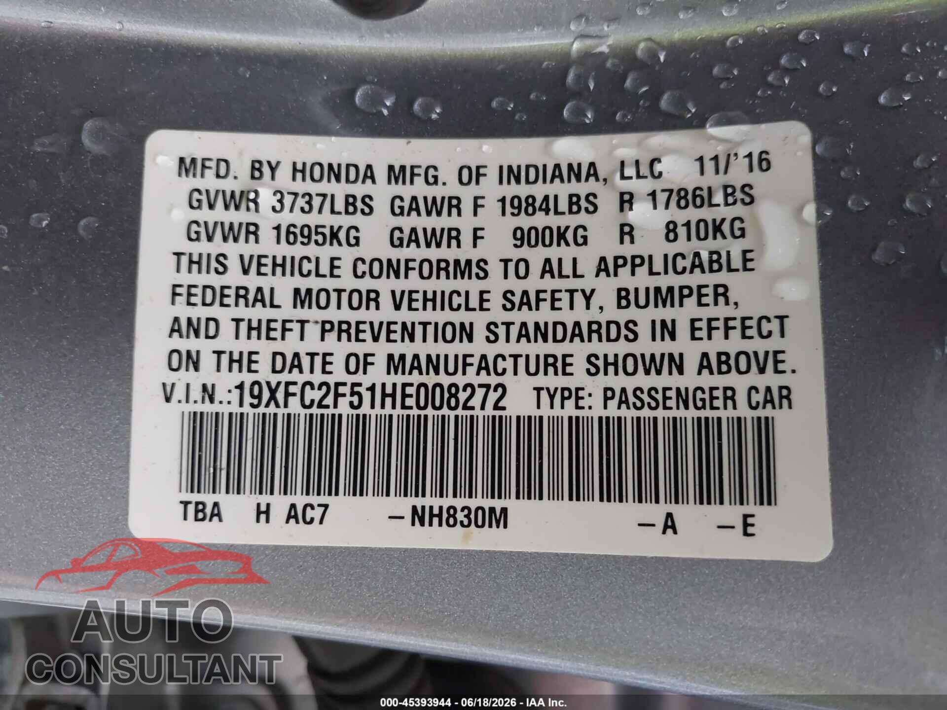 HONDA CIVIC 2017 - 19XFC2F51HE008272