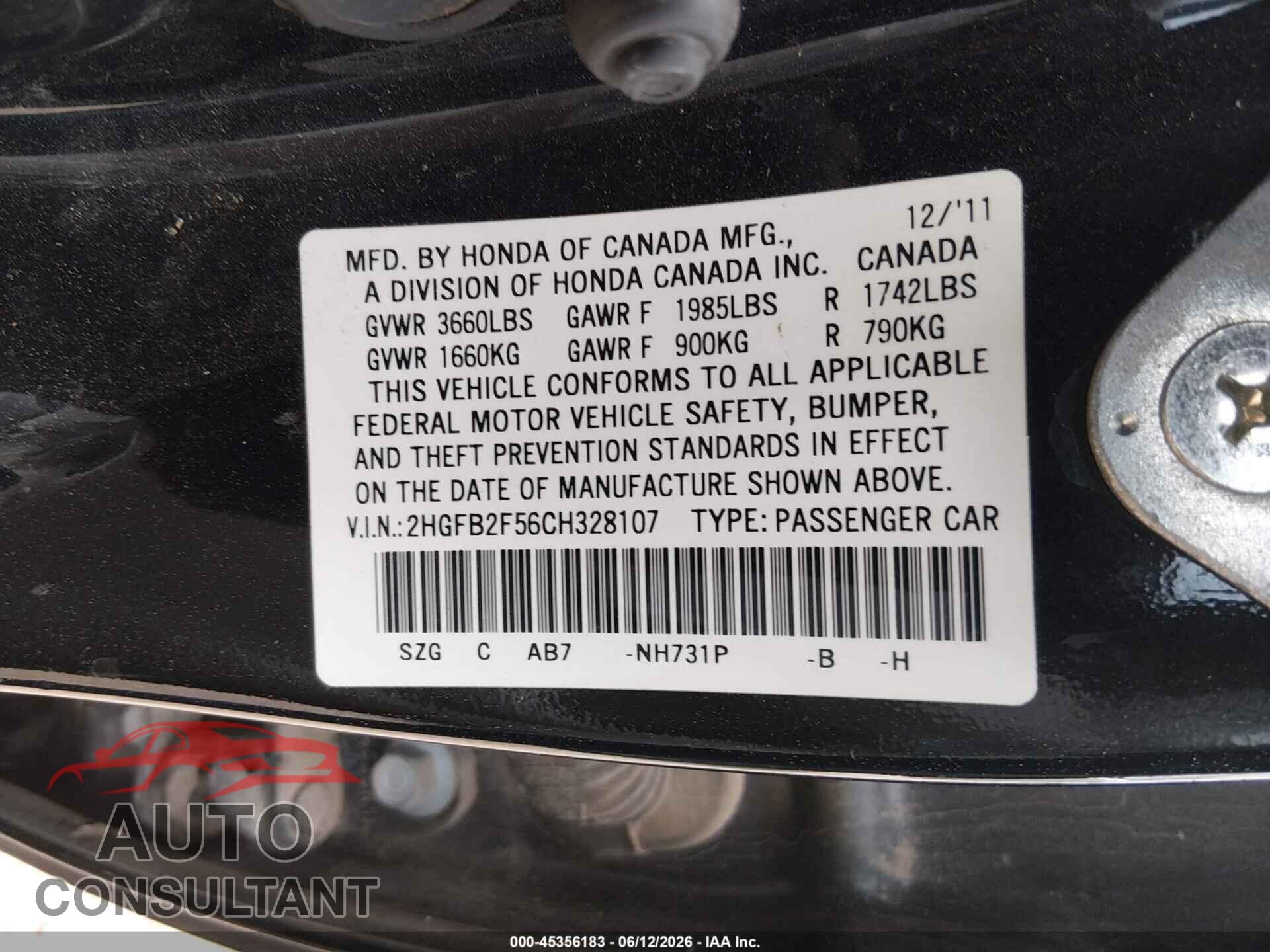 HONDA CIVIC 2012 - 2HGFB2F56CH328107
