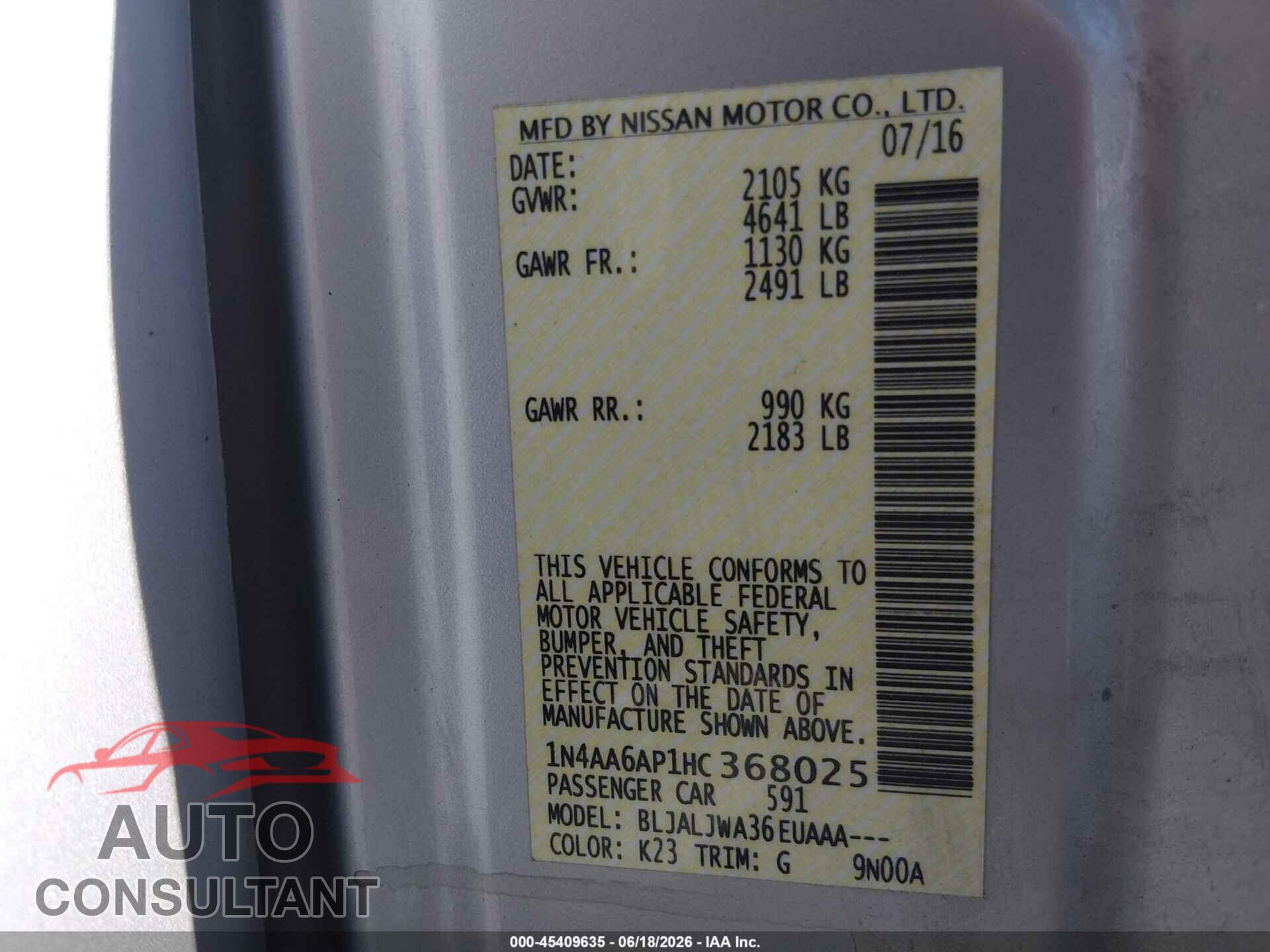 NISSAN MAXIMA 2017 - 1N4AA6AP1HC368025