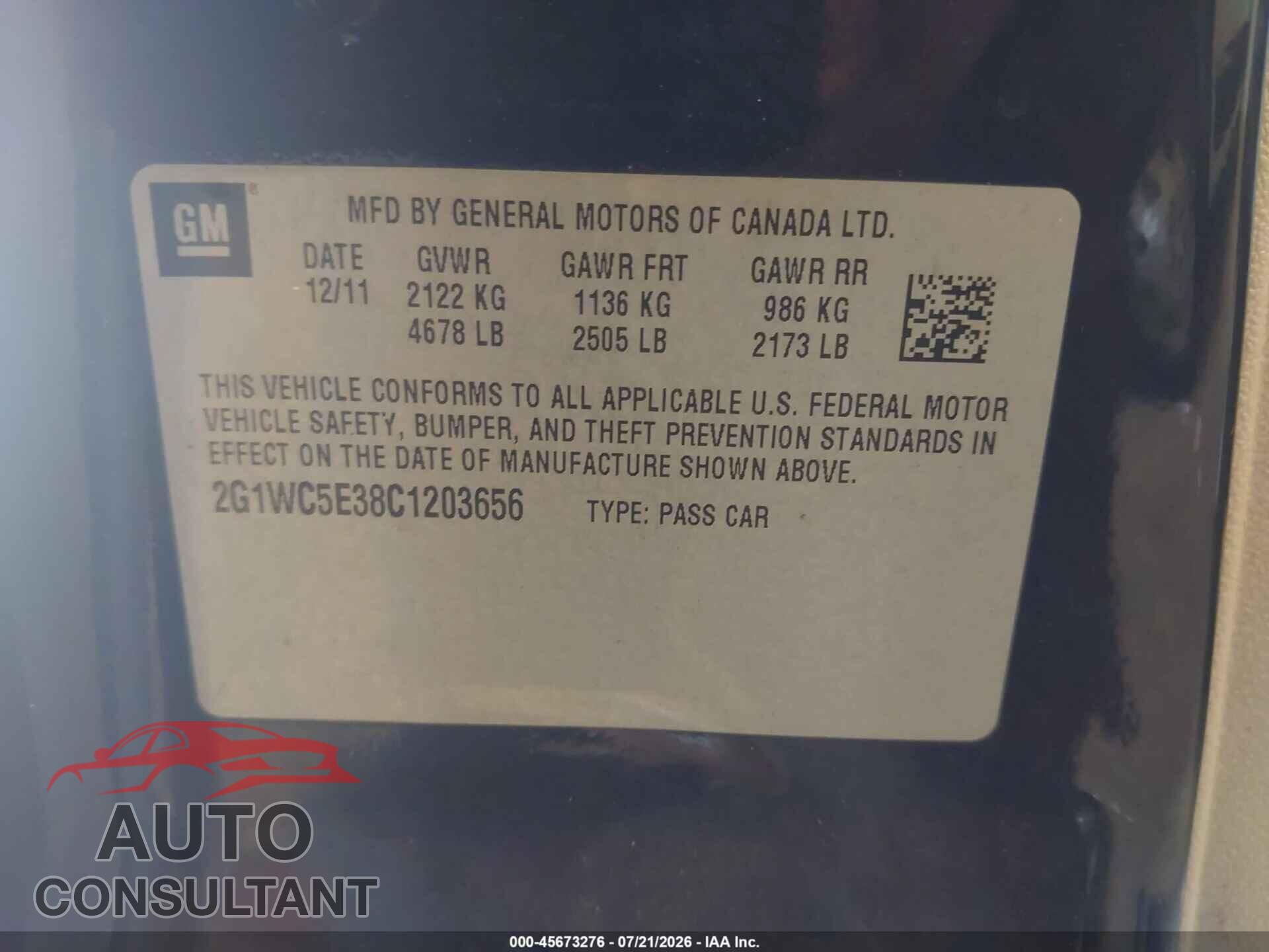 CHEVROLET IMPALA 2012 - 2G1WC5E38C1203656