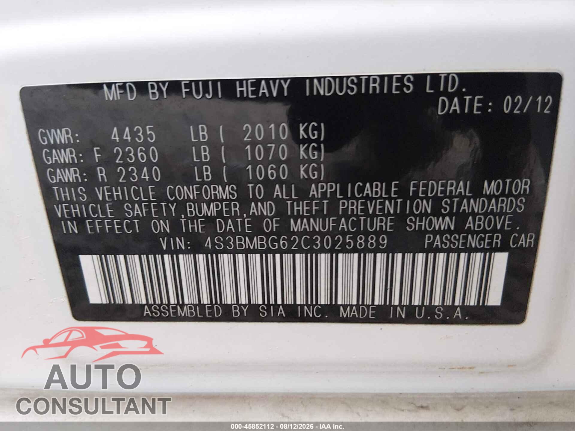 SUBARU LEGACY 2012 - 4S3BMBG62C3025889