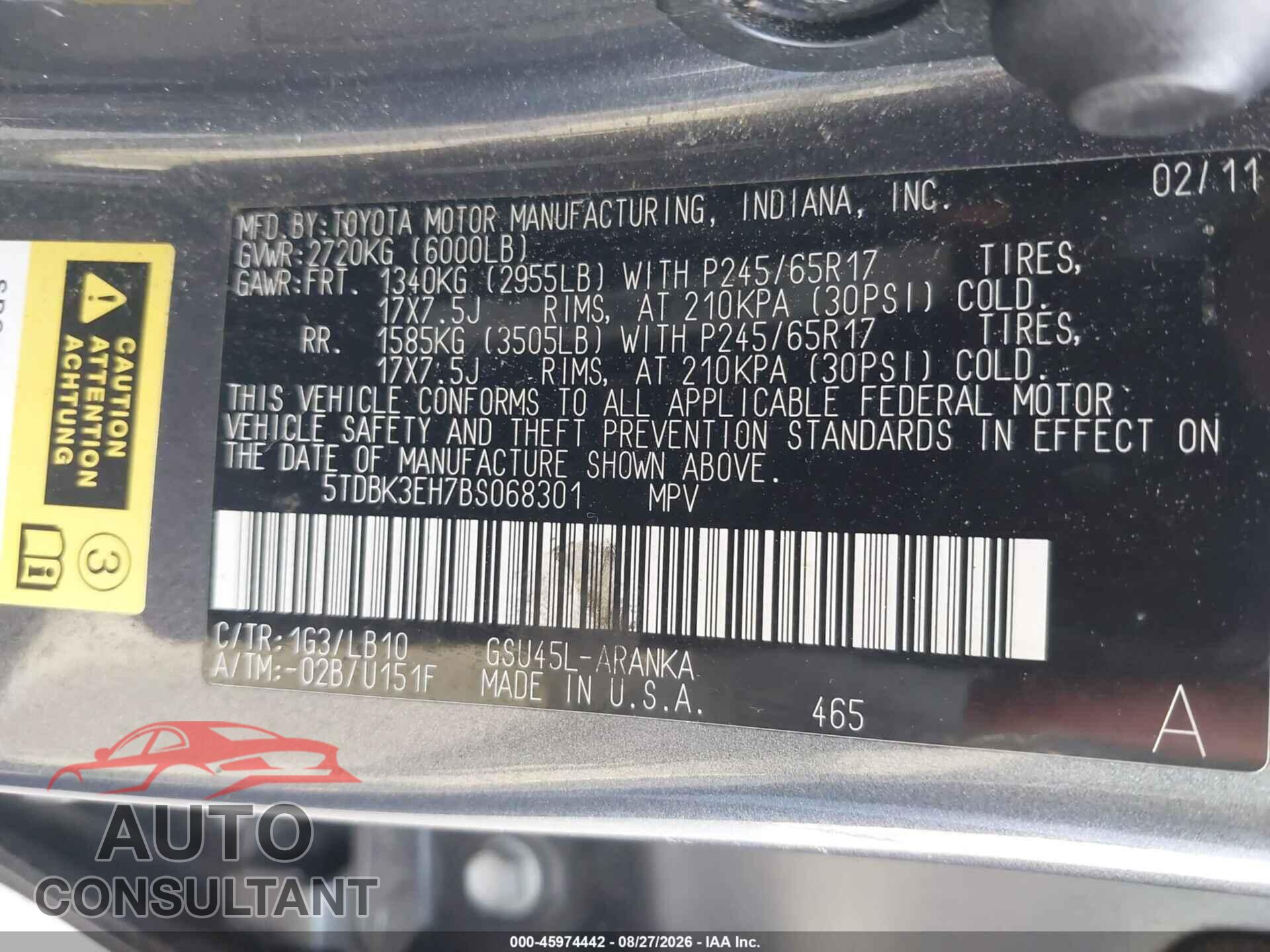 TOYOTA HIGHLANDER 2011 - 5TDBK3EH7BS068301