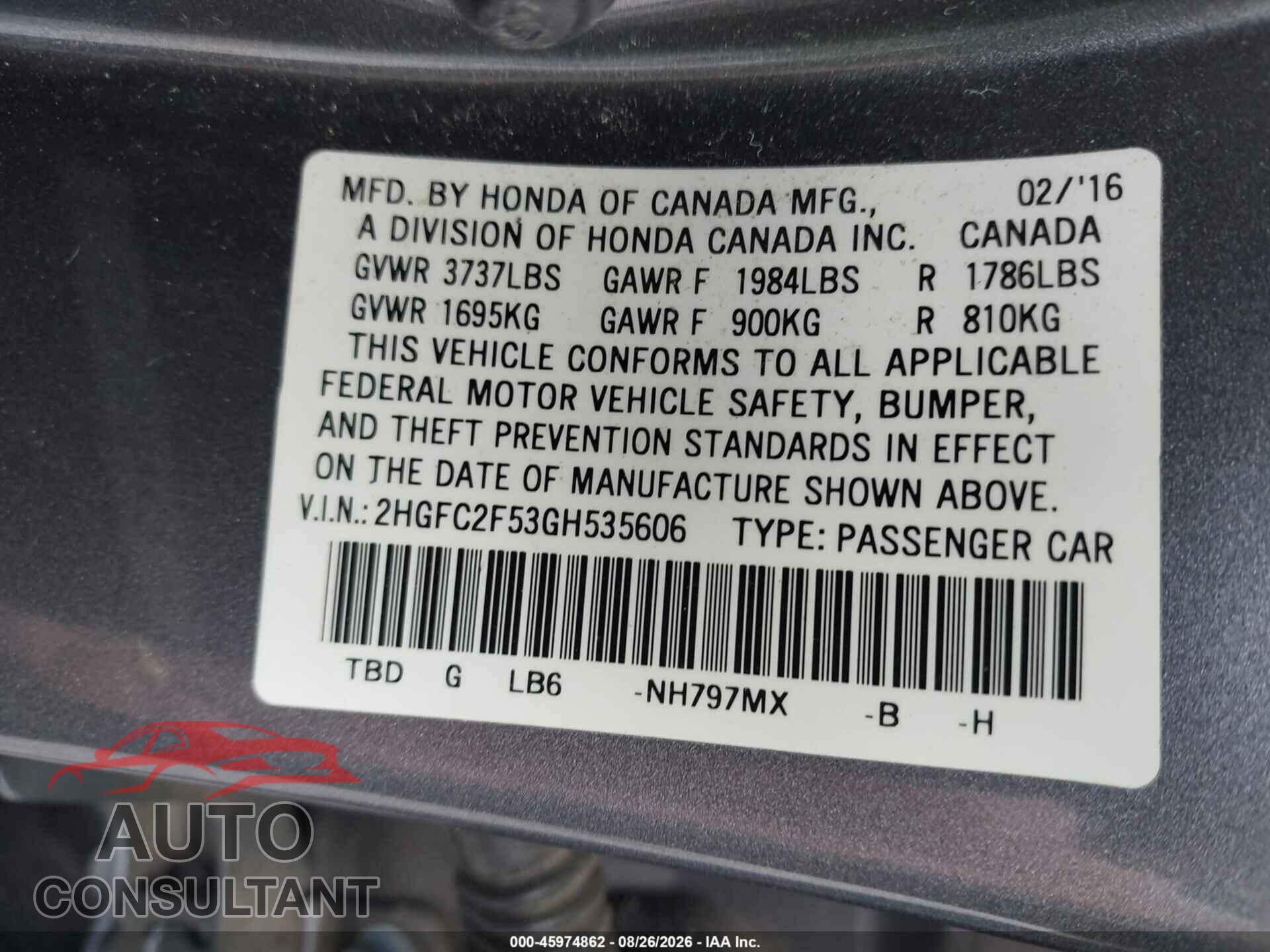 HONDA CIVIC 2016 - 2HGFC2F53GH535606