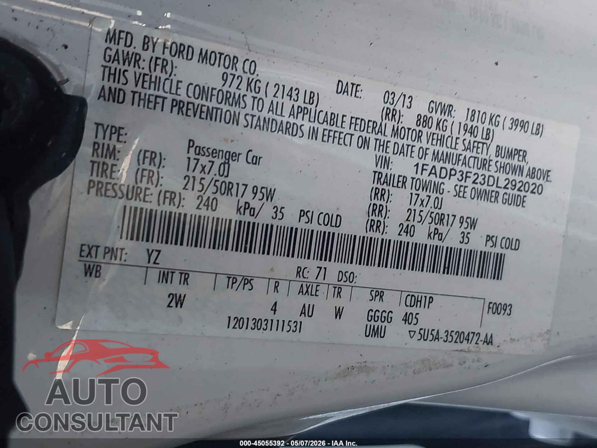 FORD FOCUS 2013 - 1FADP3F23DL292020