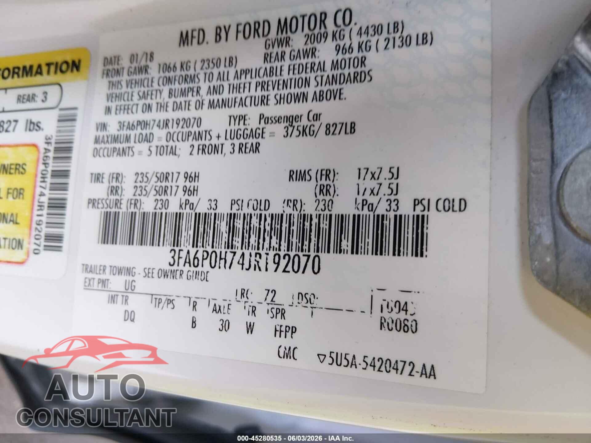 FORD FUSION 2018 - 3FA6P0H74JR192070