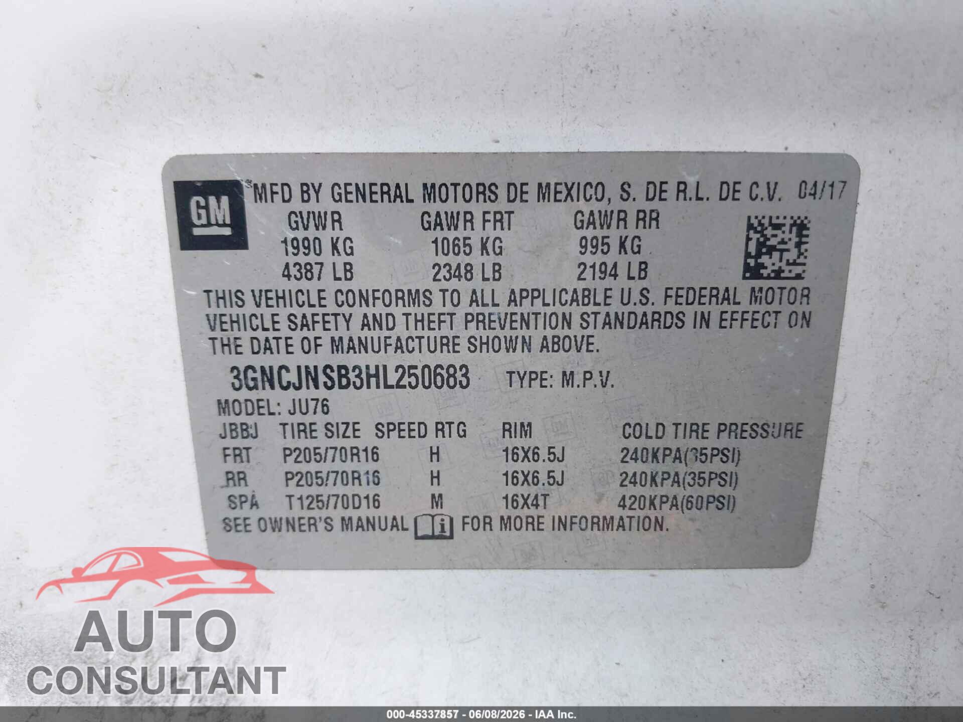 CHEVROLET TRAX 2017 - 3GNCJNSB3HL250683