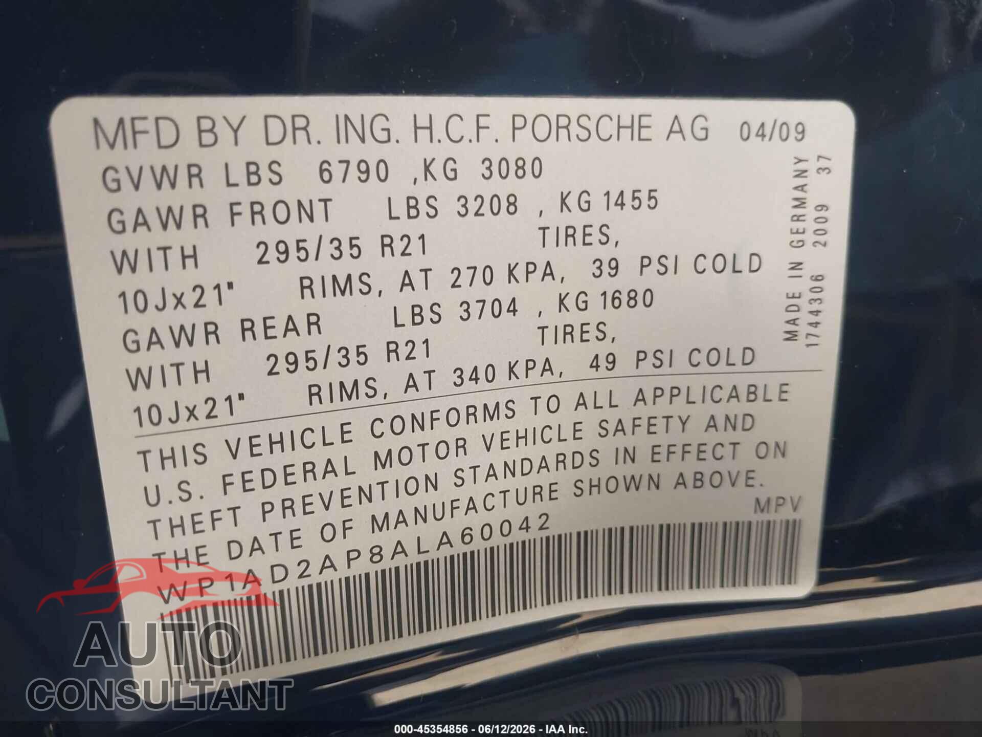 PORSCHE CAYENNE 2010 - WP1AD2AP8ALA60042