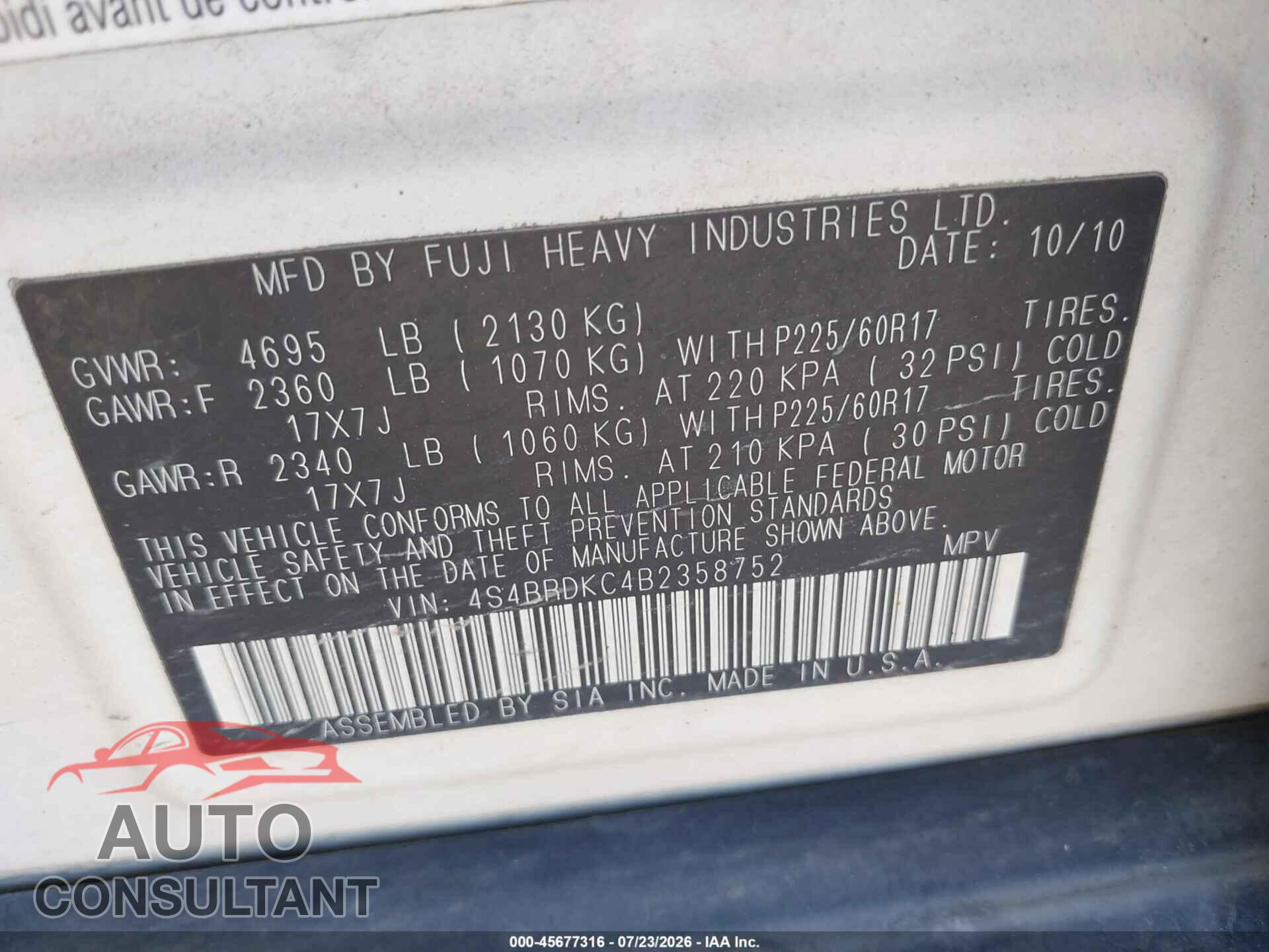 SUBARU OUTBACK 2011 - 4S4BRDKC4B2358752
