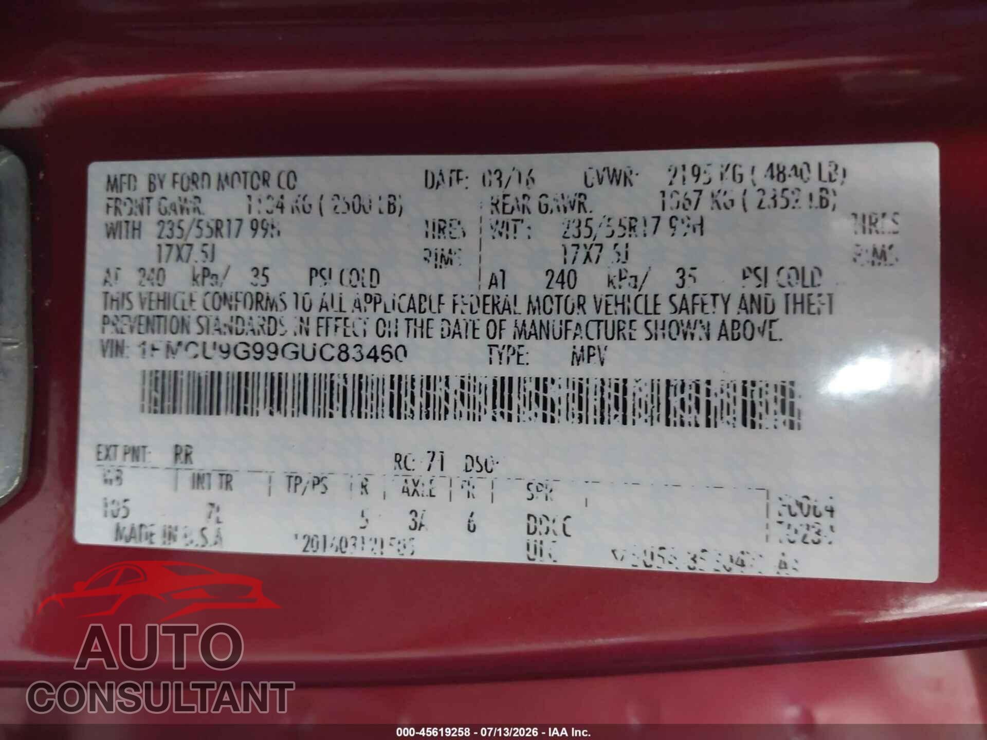 FORD ESCAPE 2016 - 1FMCU9G99GUC83460