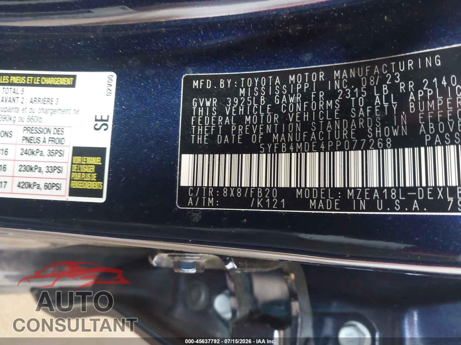 TOYOTA COROLLA 2023 - 5YFB4MDE4PP077268