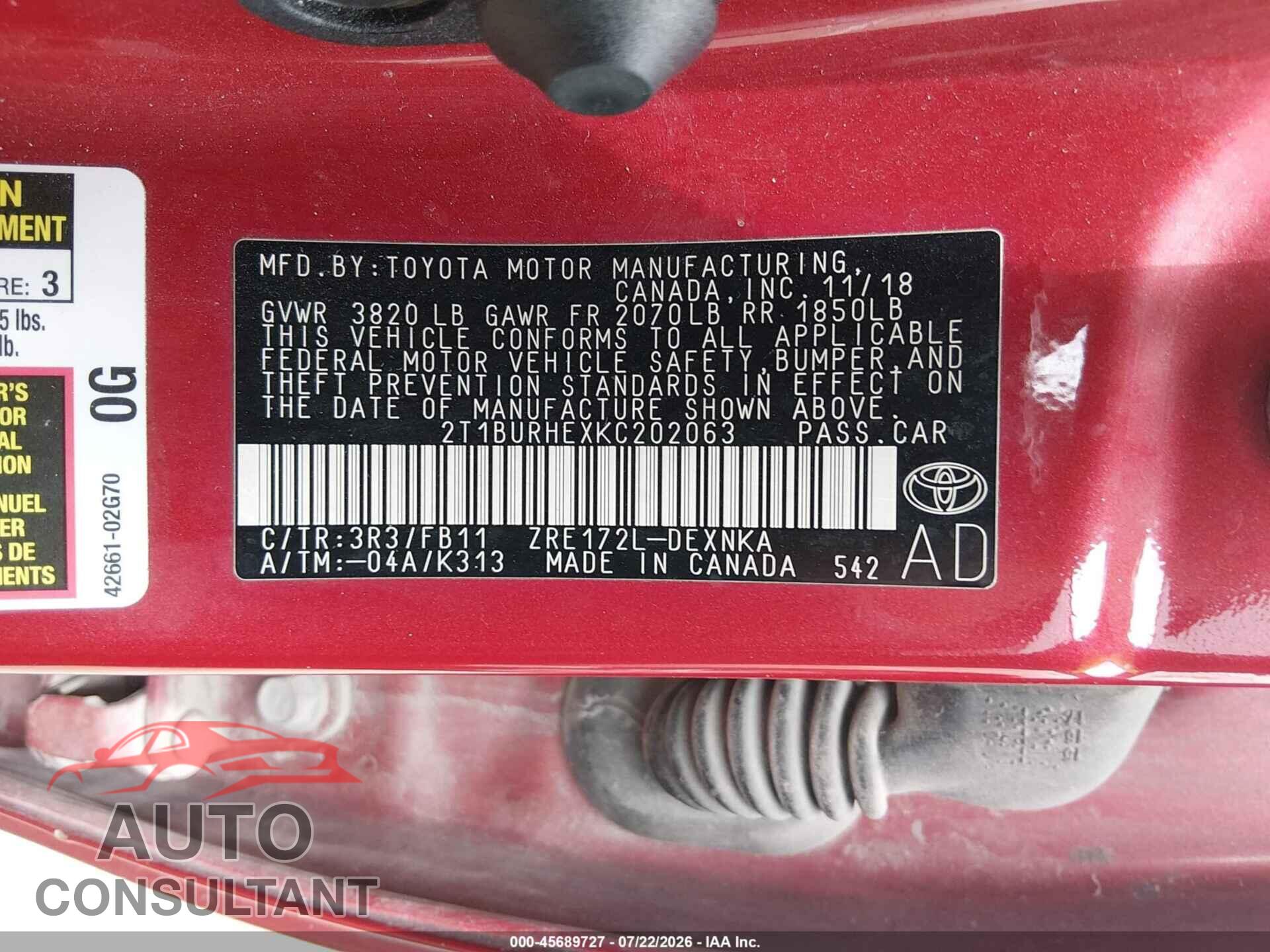 TOYOTA COROLLA 2019 - 2T1BURHEXKC202063