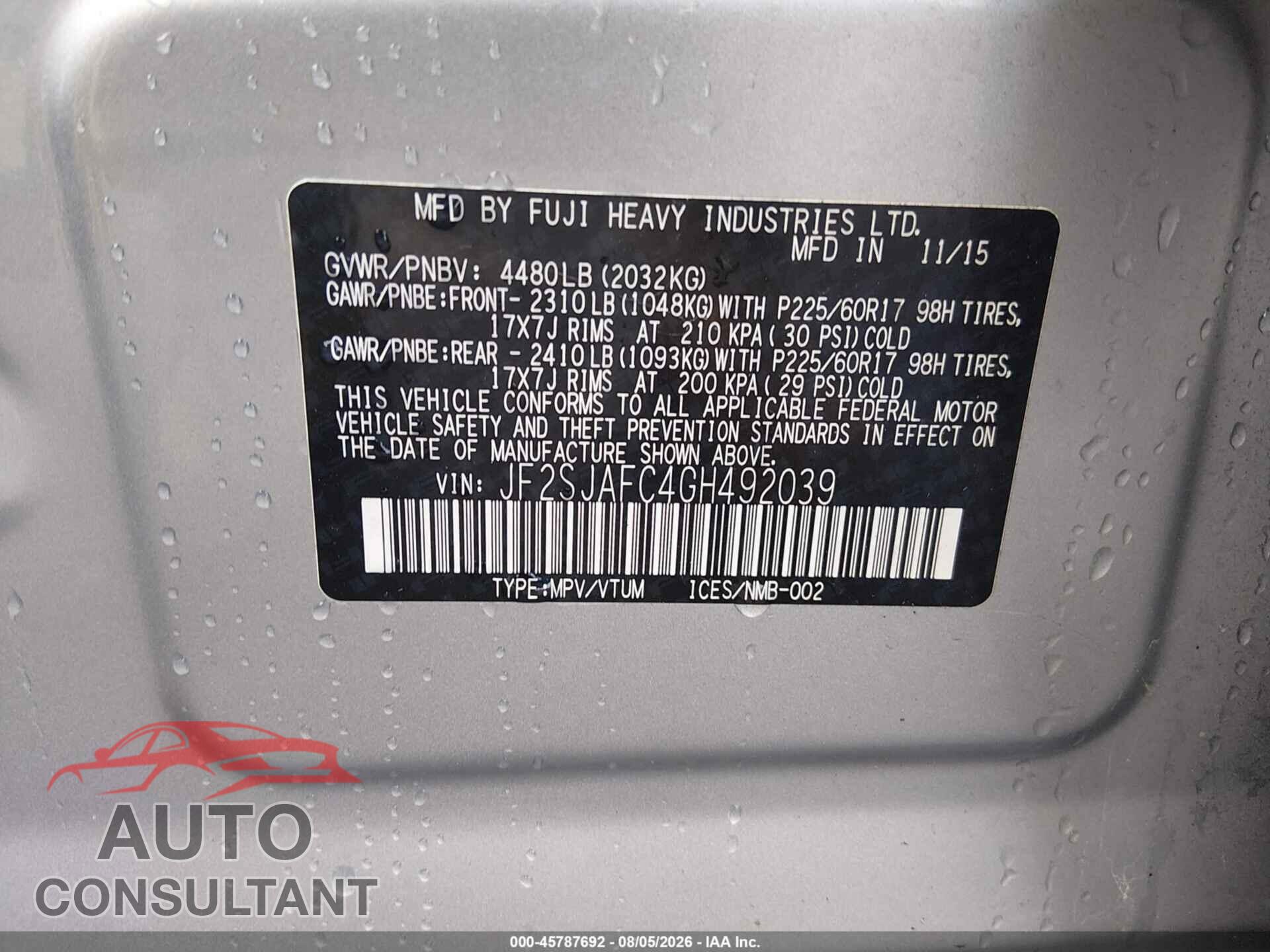 SUBARU FORESTER 2016 - JF2SJAFC4GH492039