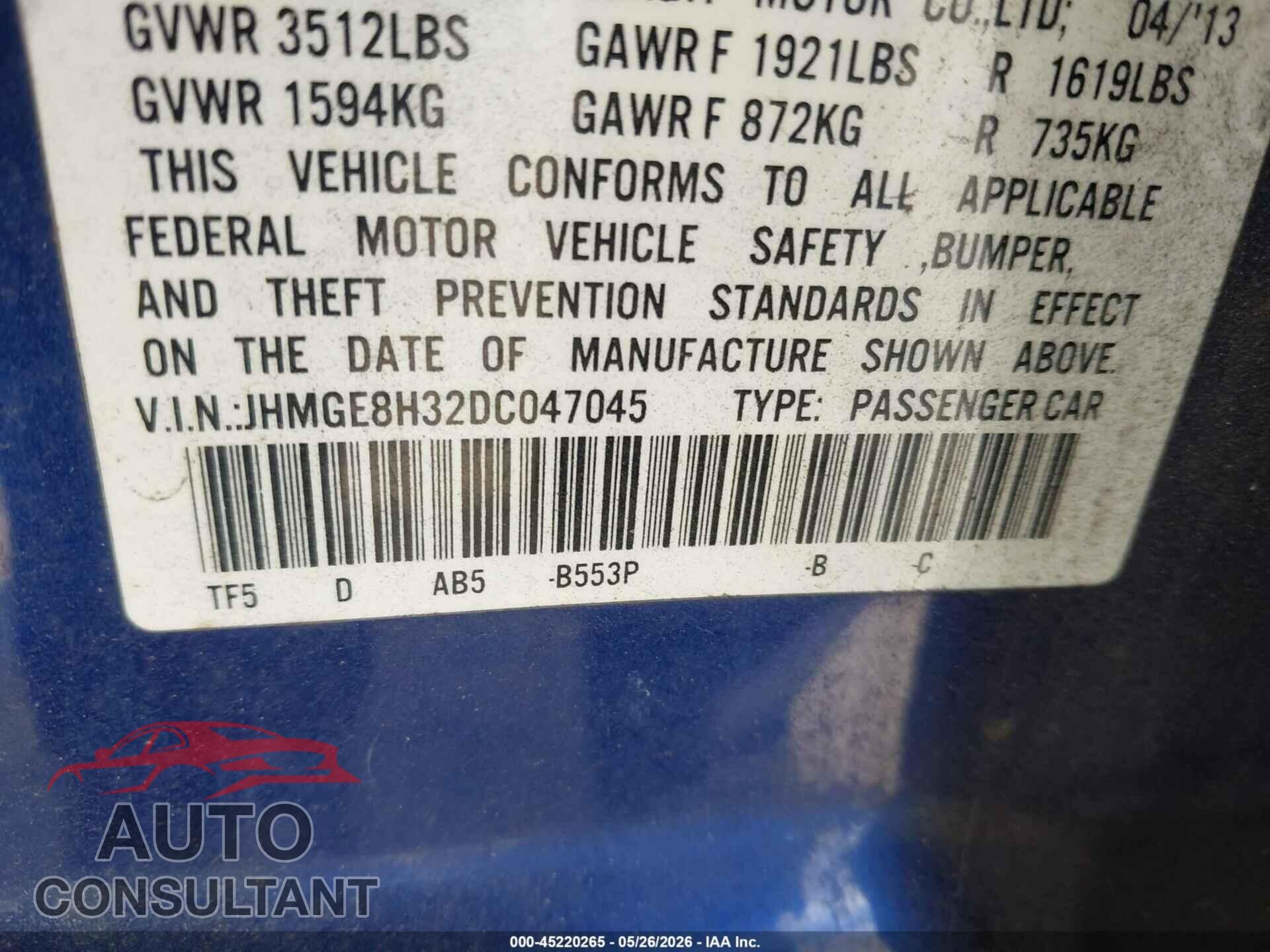 HONDA FIT 2013 - JHMGE8H32DC047045