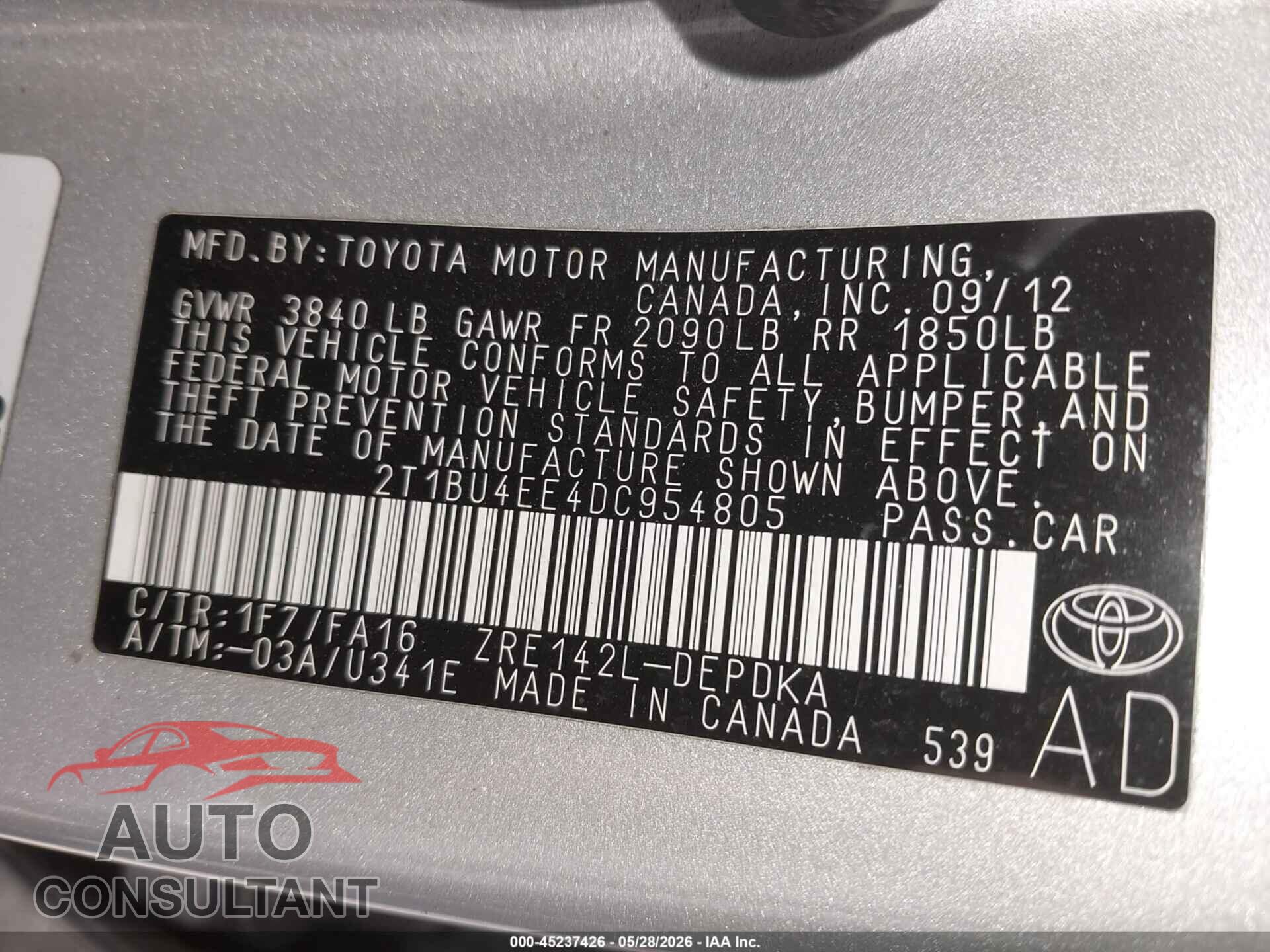 TOYOTA COROLLA 2013 - 2T1BU4EE4DC954805