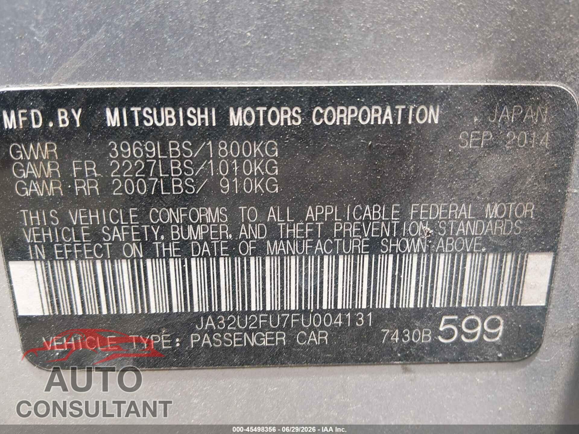MITSUBISHI LANCER 2015 - JA32U2FU7FU004131
