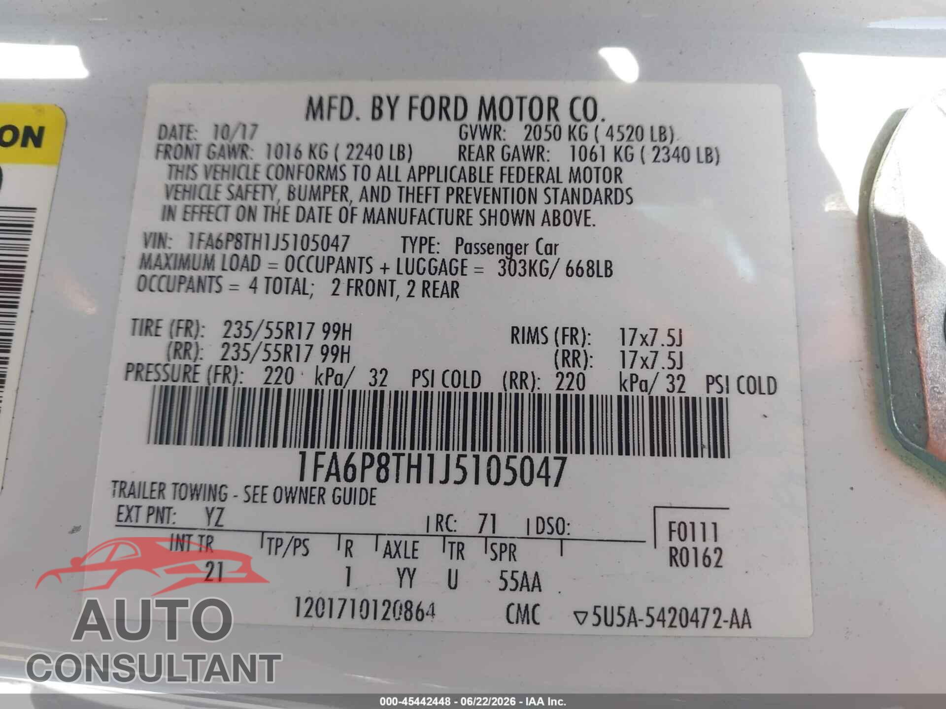 FORD MUSTANG 2018 - 1FA6P8TH1J5105047