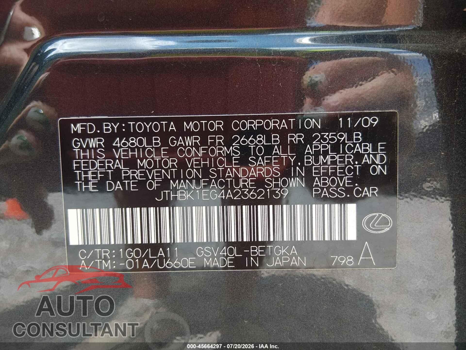 LEXUS ES 350 2010 - JTHBK1EG4A2362139