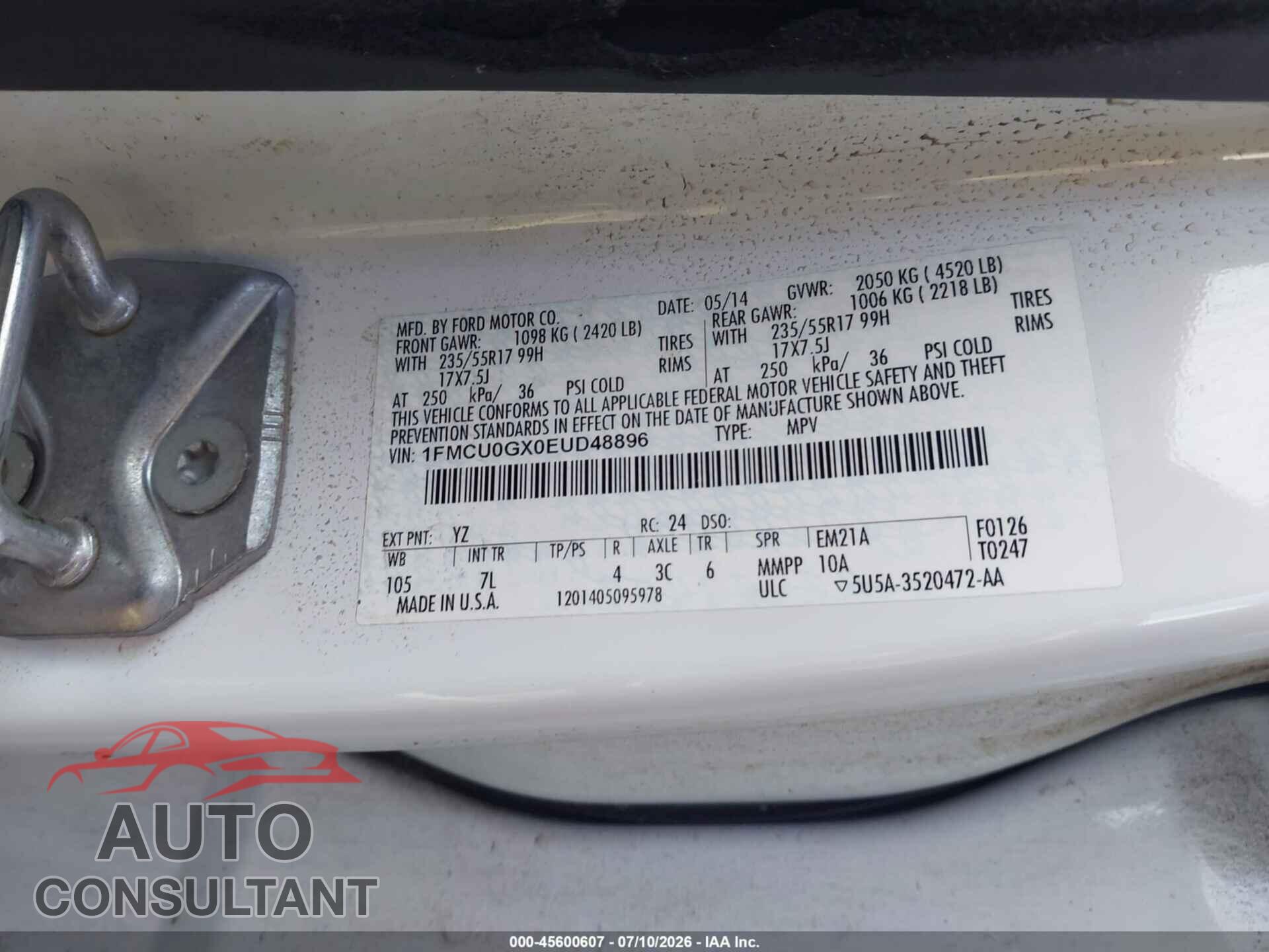 FORD ESCAPE 2014 - 1FMCU0GX0EUD48896
