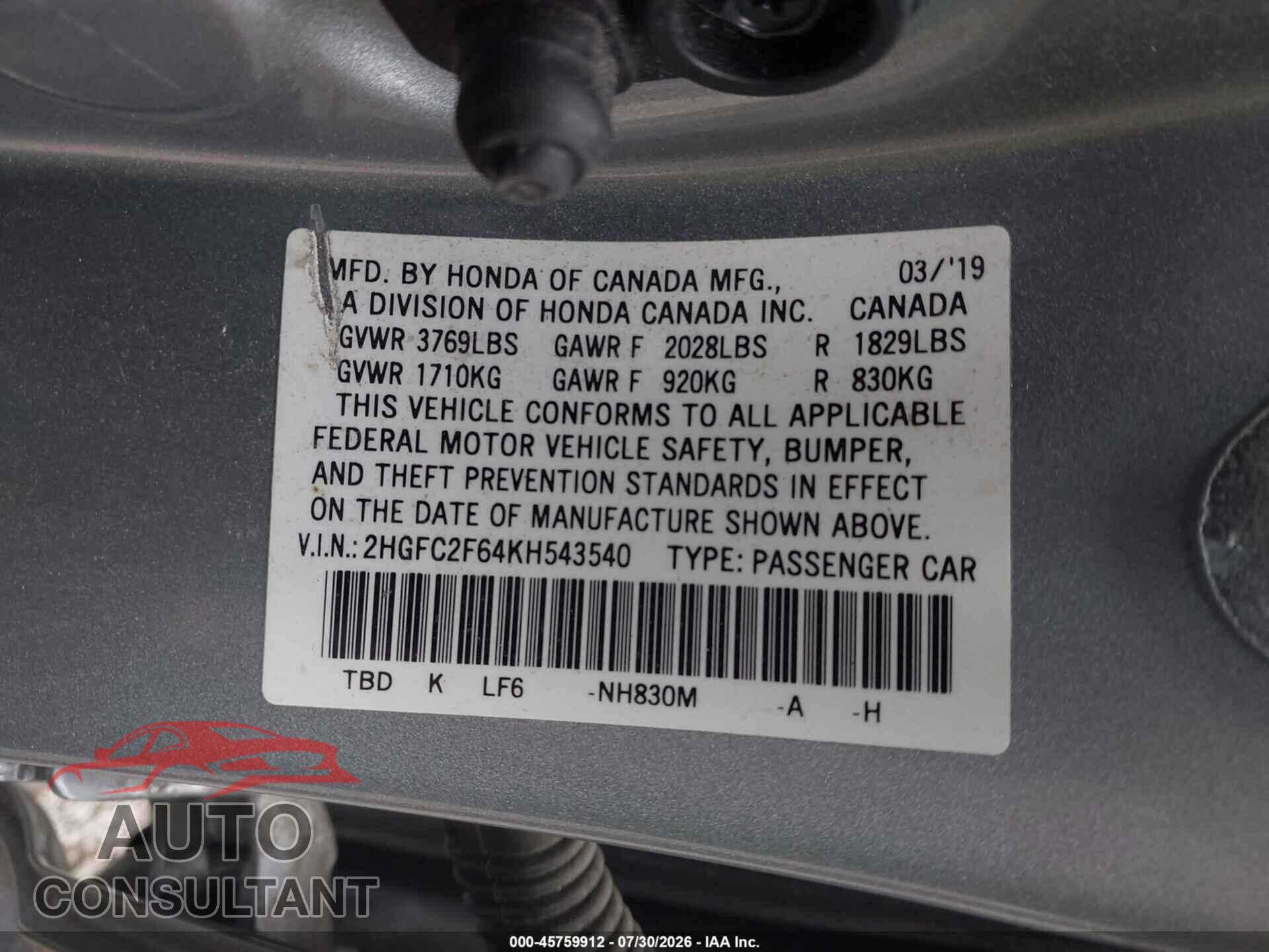 HONDA CIVIC 2019 - 2HGFC2F64KH543540