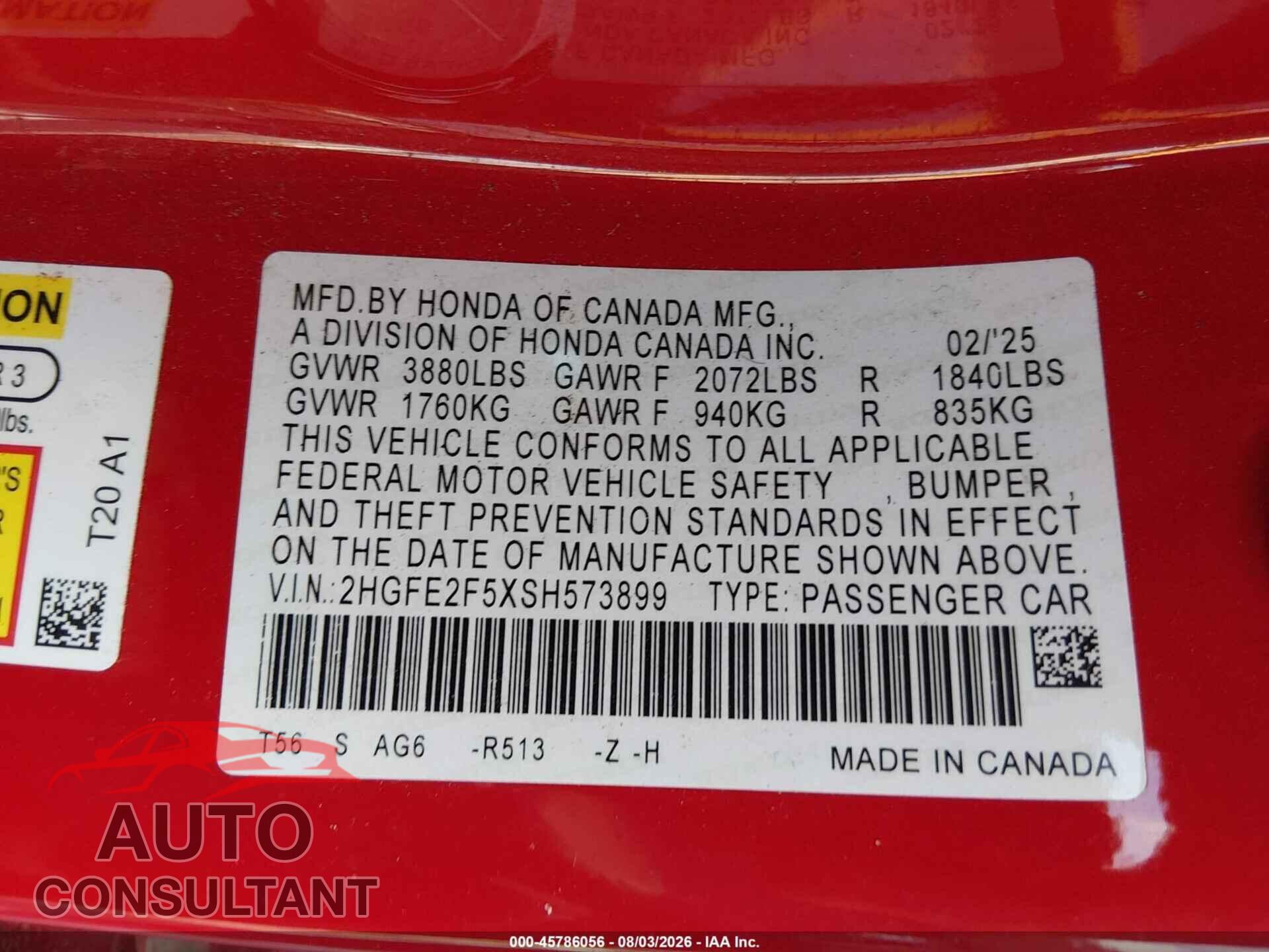 HONDA CIVIC 2025 - 2HGFE2F5XSH573899