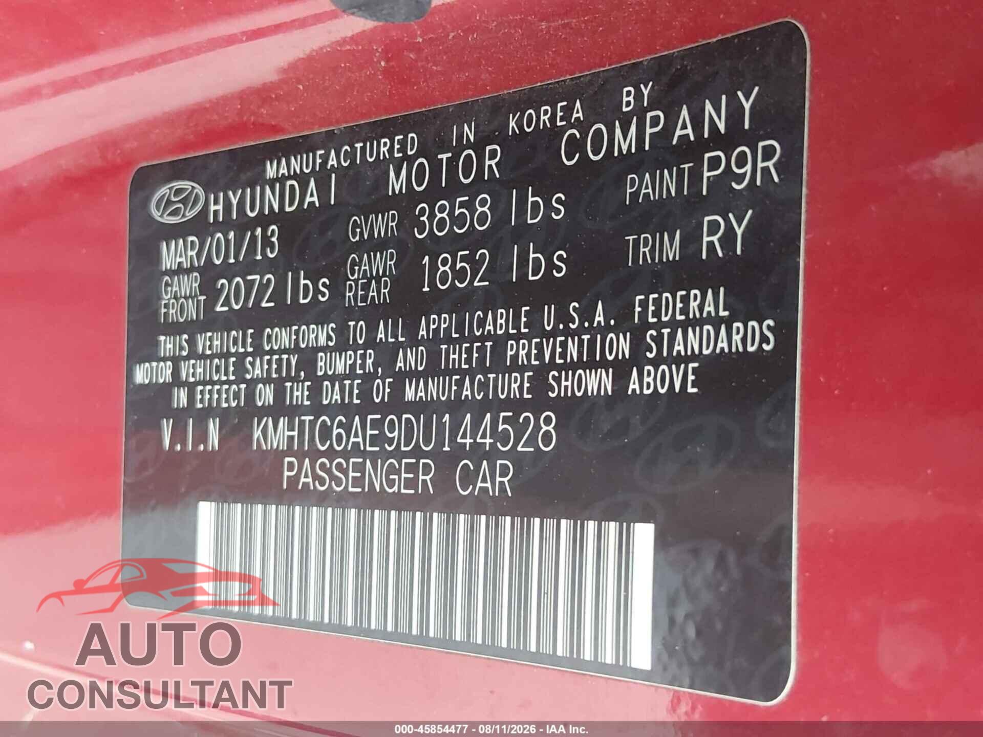 HYUNDAI VELOSTER 2013 - KMHTC6AE9DU144528