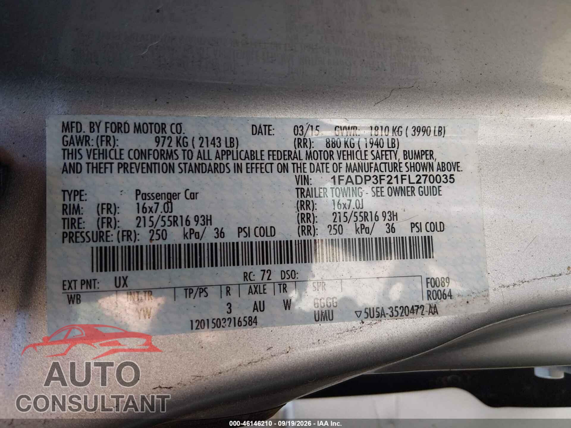 FORD FOCUS 2015 - 1FADP3F21FL270035