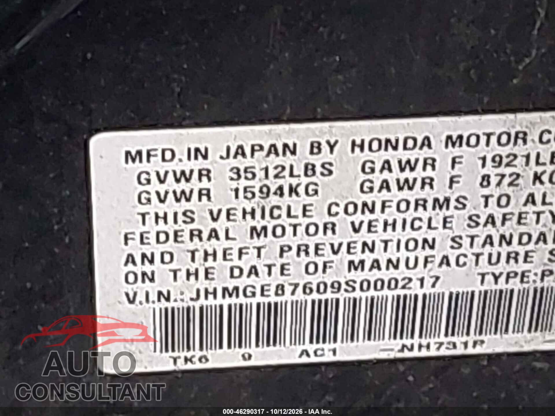 HONDA FIT 2009 - JHMGE87609S000217