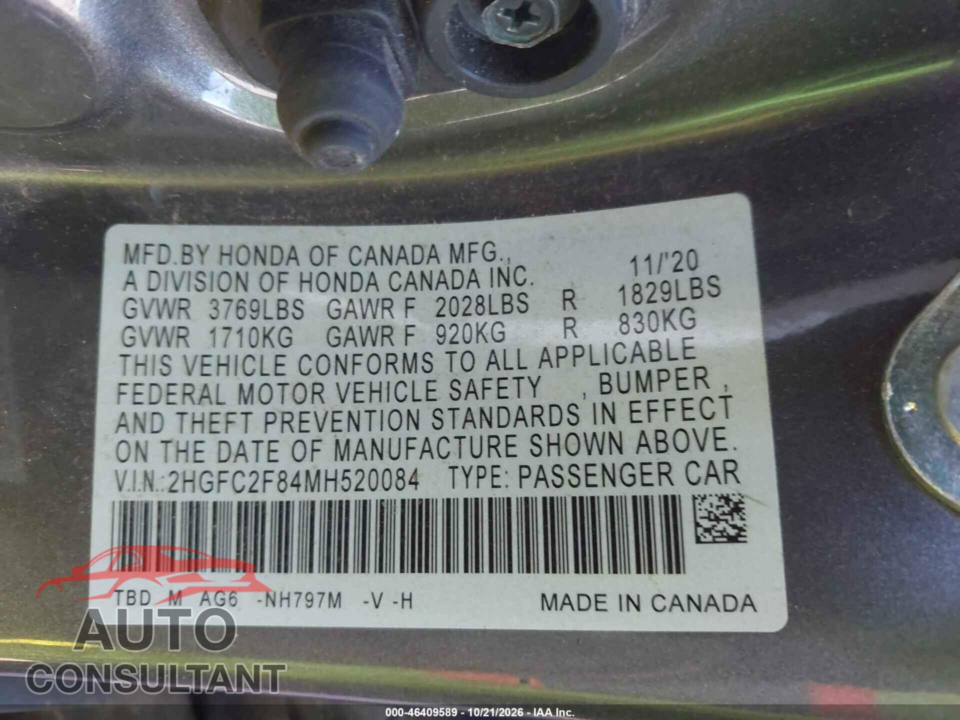 HONDA CIVIC 2021 - 2HGFC2F84MH520084