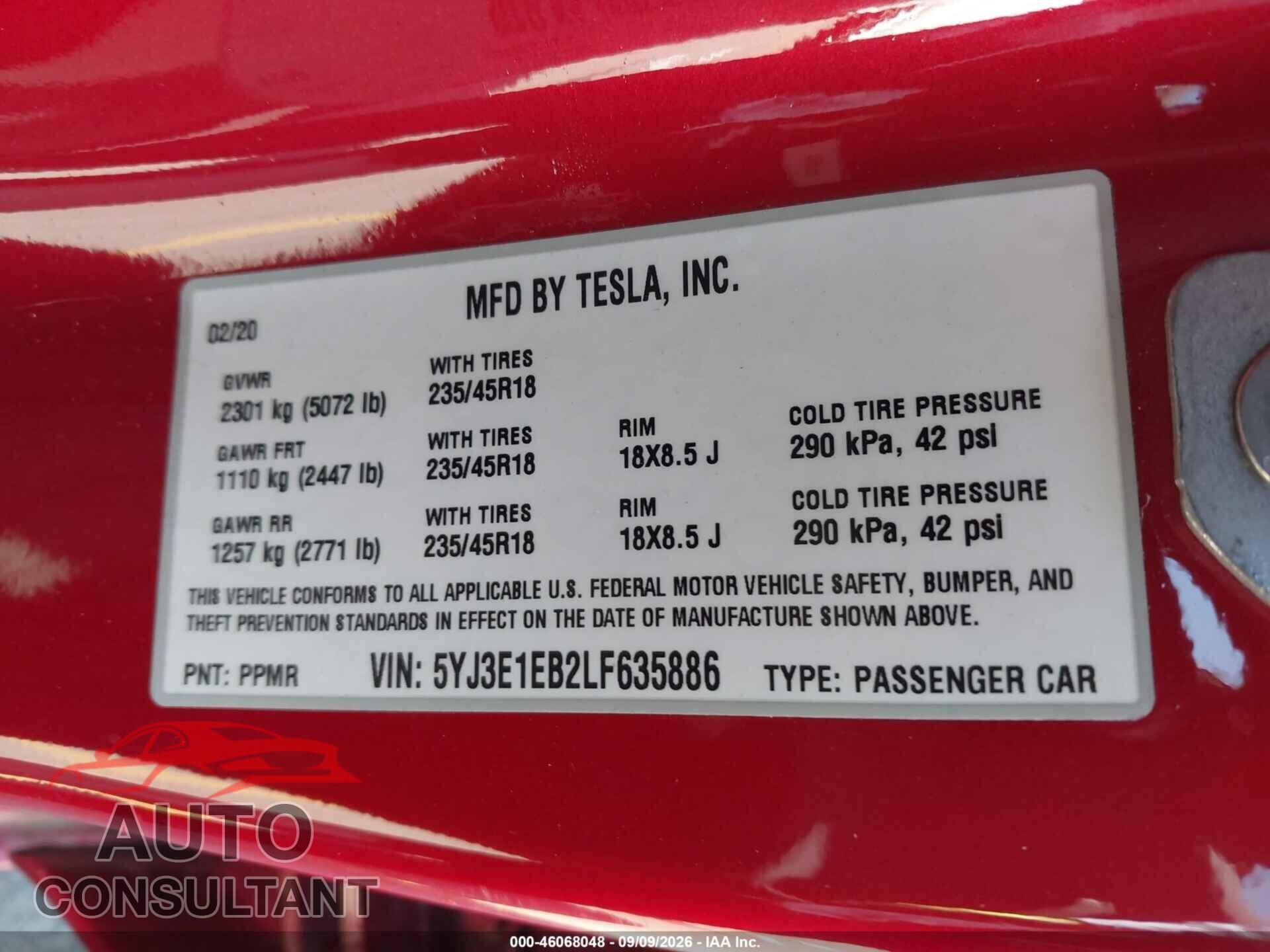 TESLA MODEL 3 2020 - 5YJ3E1EB2LF635886