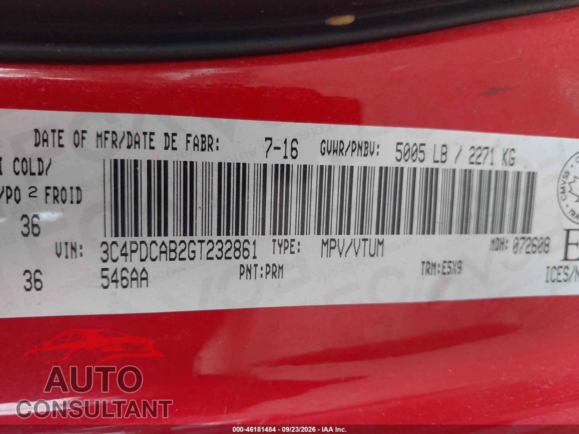 DODGE JOURNEY 2016 - 3C4PDCAB2GT232861
