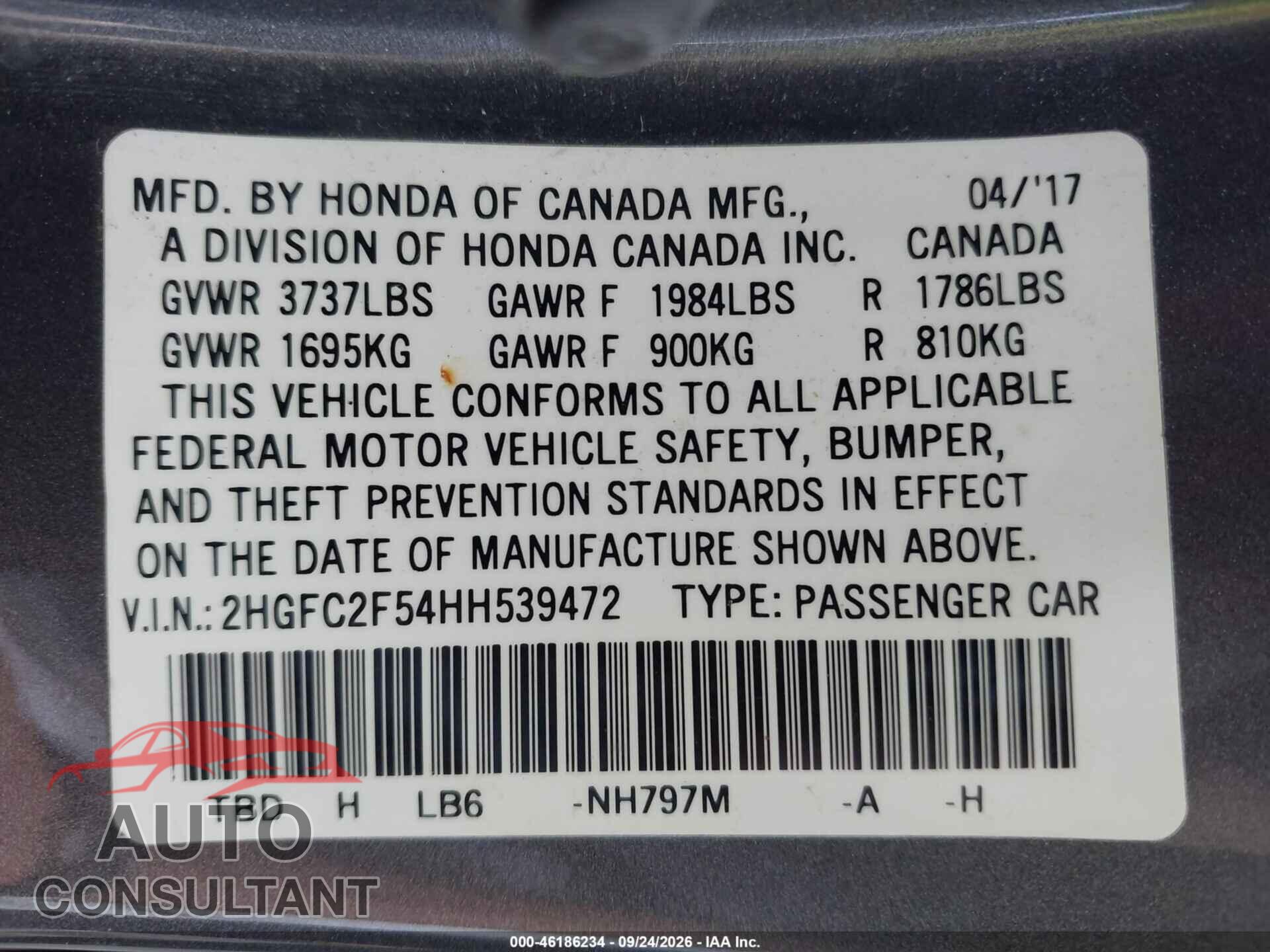 HONDA CIVIC 2017 - 2HGFC2F54HH539472